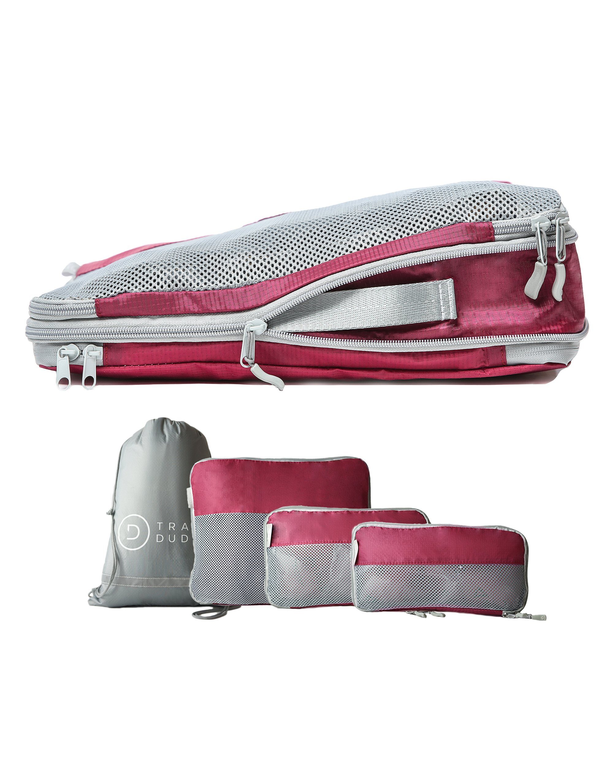 TRAVEL DUDE Kofferorganizer aus recycelten Plastikflaschen (ultraleichte Packwürfel, 4-tlg., Mit Packtaschen in verschiedenen Größen und einem Wäschebeutel), mit Kompression und einem Nassfach