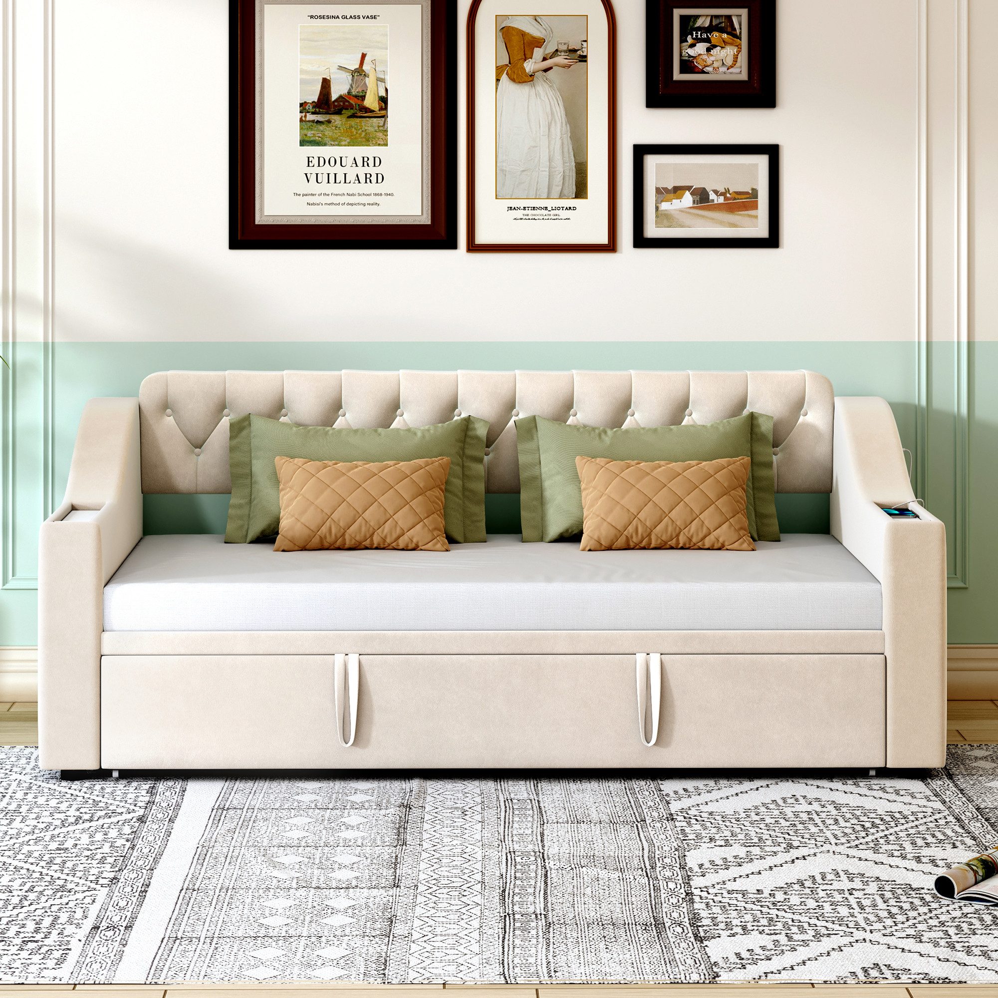 Odikalo Schlafsofa Schlafcouch 90x190 mit Lattenrost & USB Ohne Matratze, Polsterbett Schlafsofa, 90/180*190 cm, Breitere und Dickere Armlehnen mit USB-Ladeansc – Bild 3 von 5