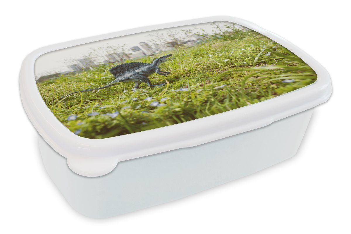MuchoWow Lunchbox Dinosaurier - Gras - Klein, Kunststoff, (2-tlg), Brotbox für Kinder und Erwachsene, Brotdose, für Jungs und Mädchen weiß
