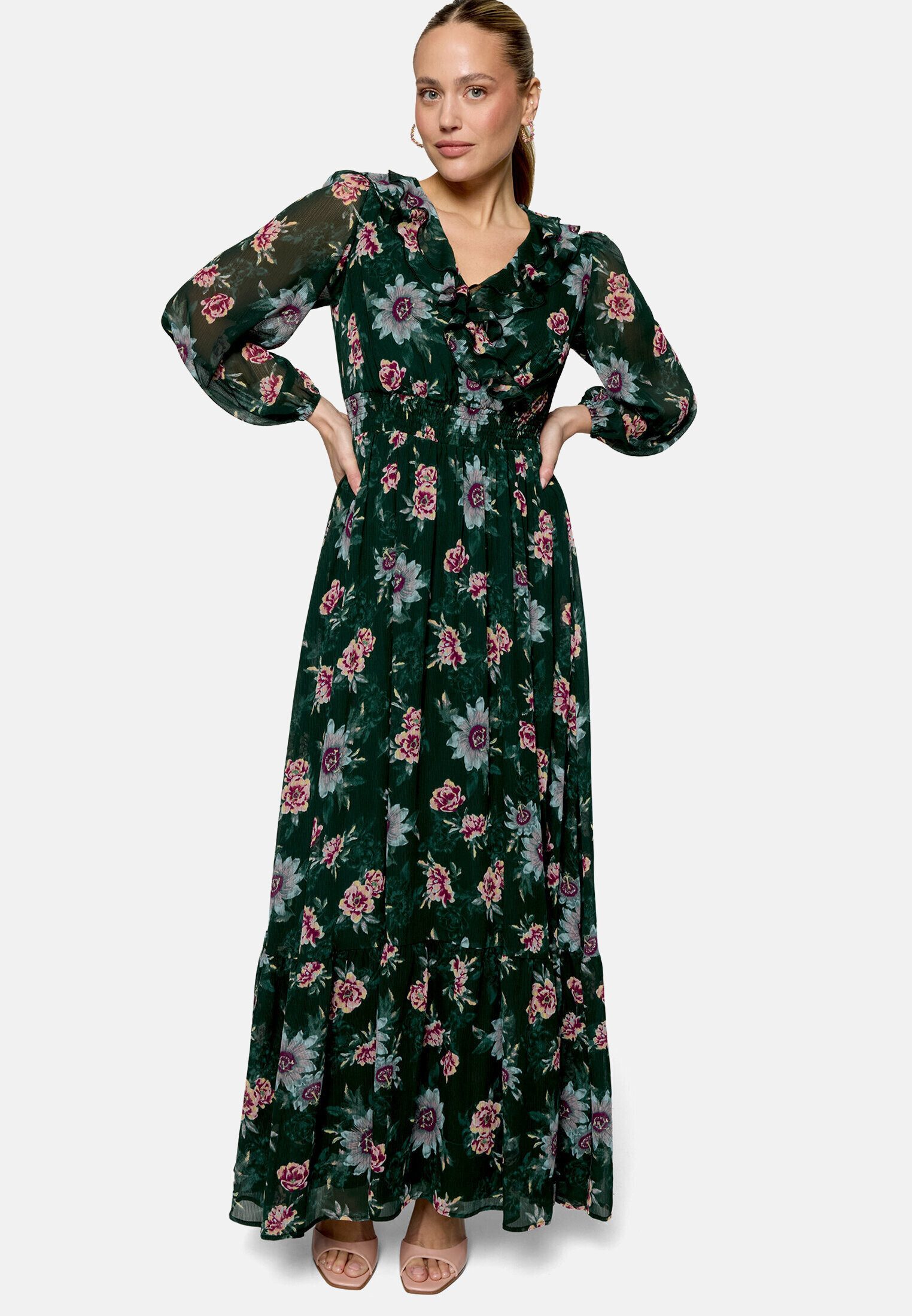 Zero Chiffonkleid Damen langarm mit Blumen Rüschen