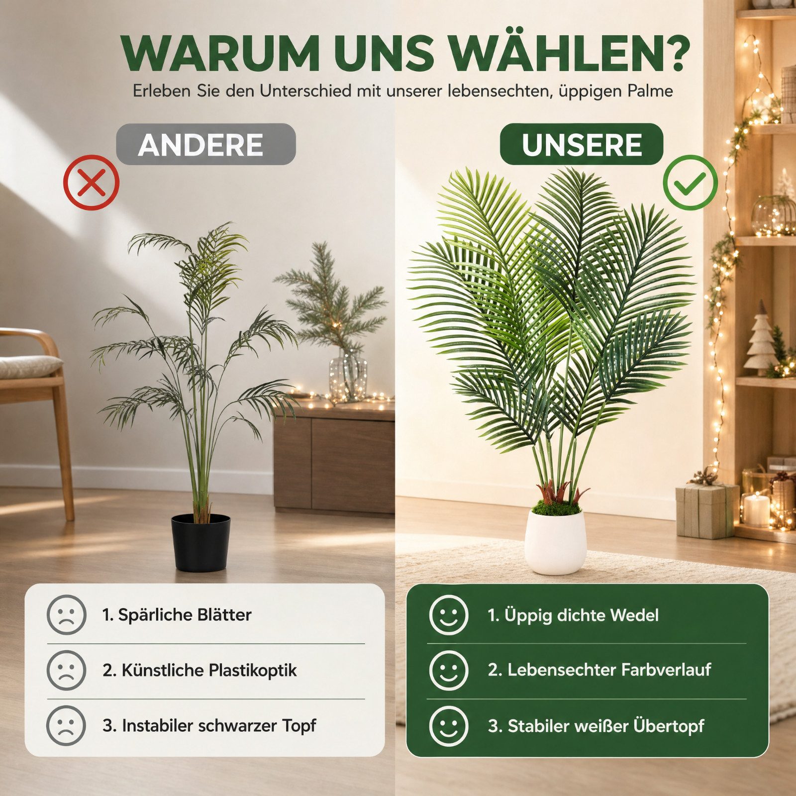 Kunstbaum Künstliche Areca Palme, TLGREEN, Höhe 120 cm, Tropische Pflanzen Deko für Innen Wohnzimmer Büro – Bild 4 von 5