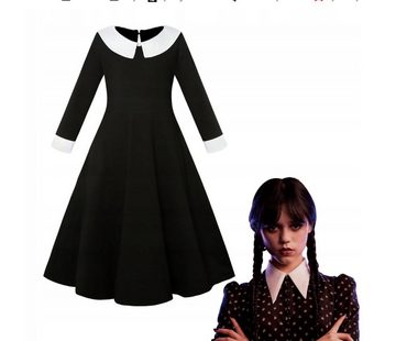 Festivalartikel Kostüm Wednesday Addams Kostüm Verkleidung Girl Schwarz Black Kleid + Perücke