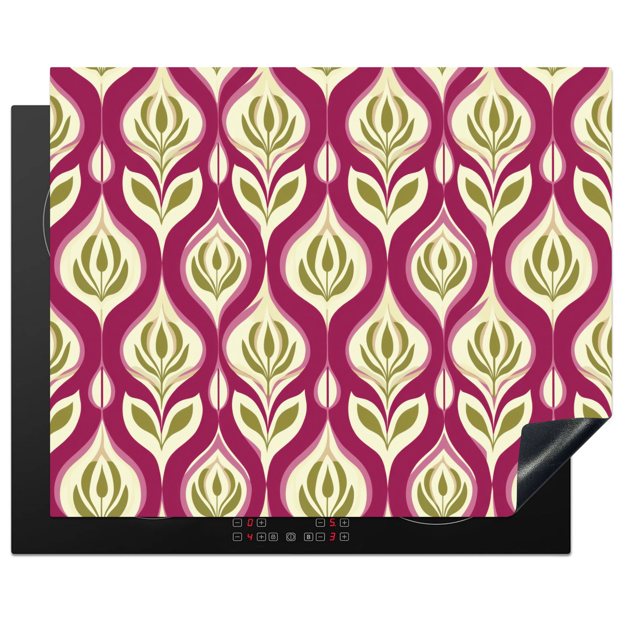 MuchoWow Herd-Abdeckplatte Retro - Floral - Lila, Vinyl, (1 tlg), Abdeckung Induktionskochfeld Schutzmatte, Küche Deko, 65x52 cm