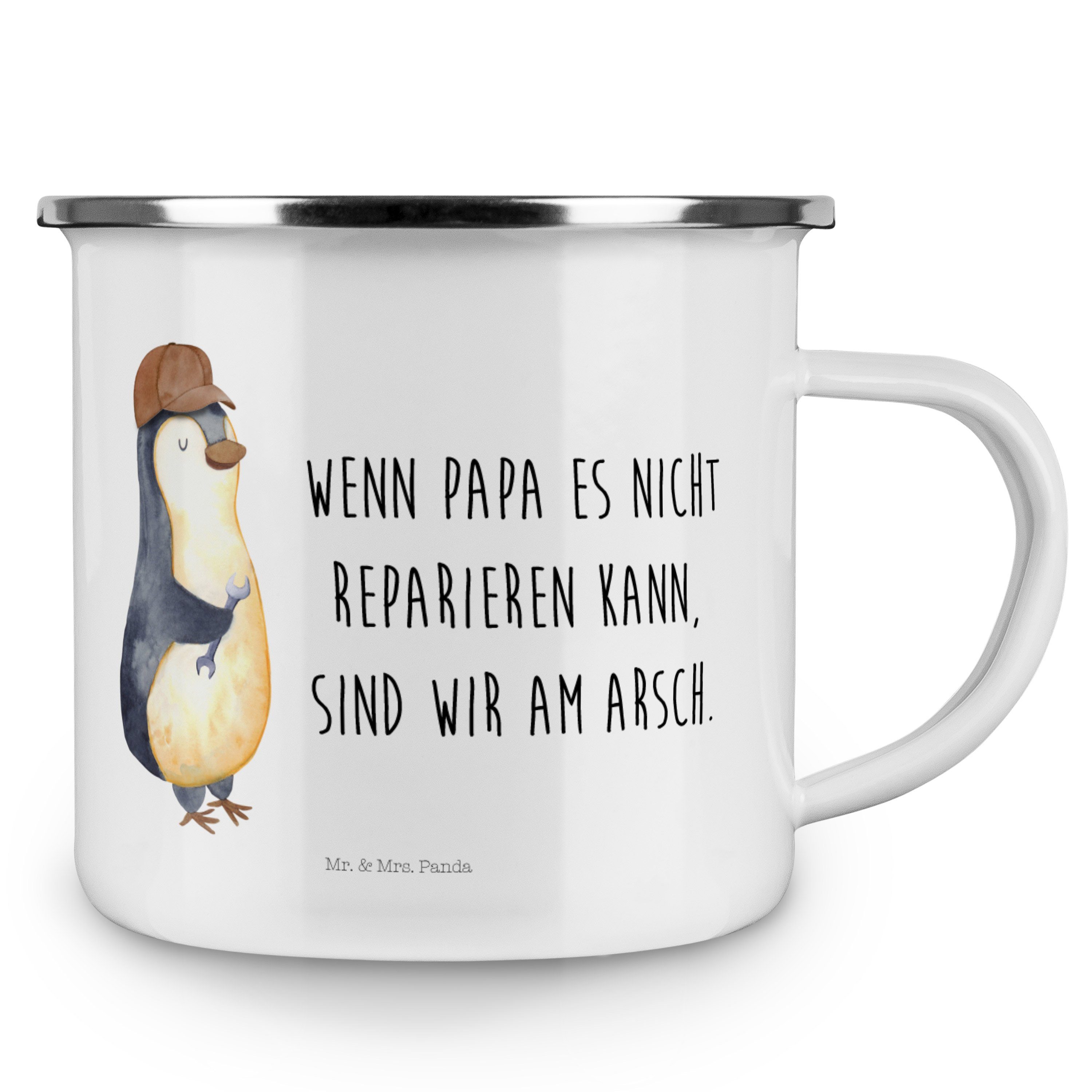 Mr. & Kaffee, Weiß Emaille - Becher mit Selbstliebe, - Geschenk, Schraubenschlüssel Panda Pinguin Mrs