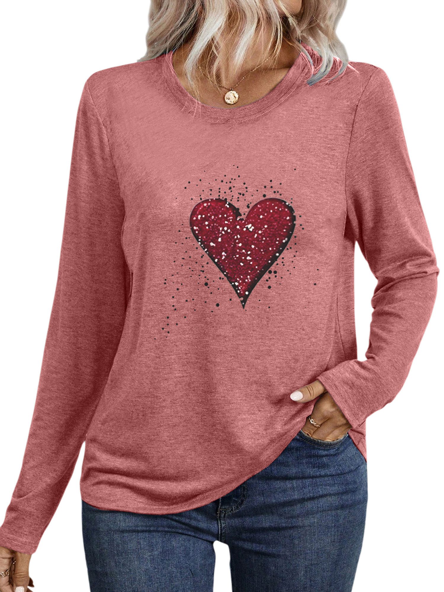 PYLIKE Longsleeve Damen Langarm mit herzförmiger Pfirsich Druck Rundhalsshi günstig online kaufen