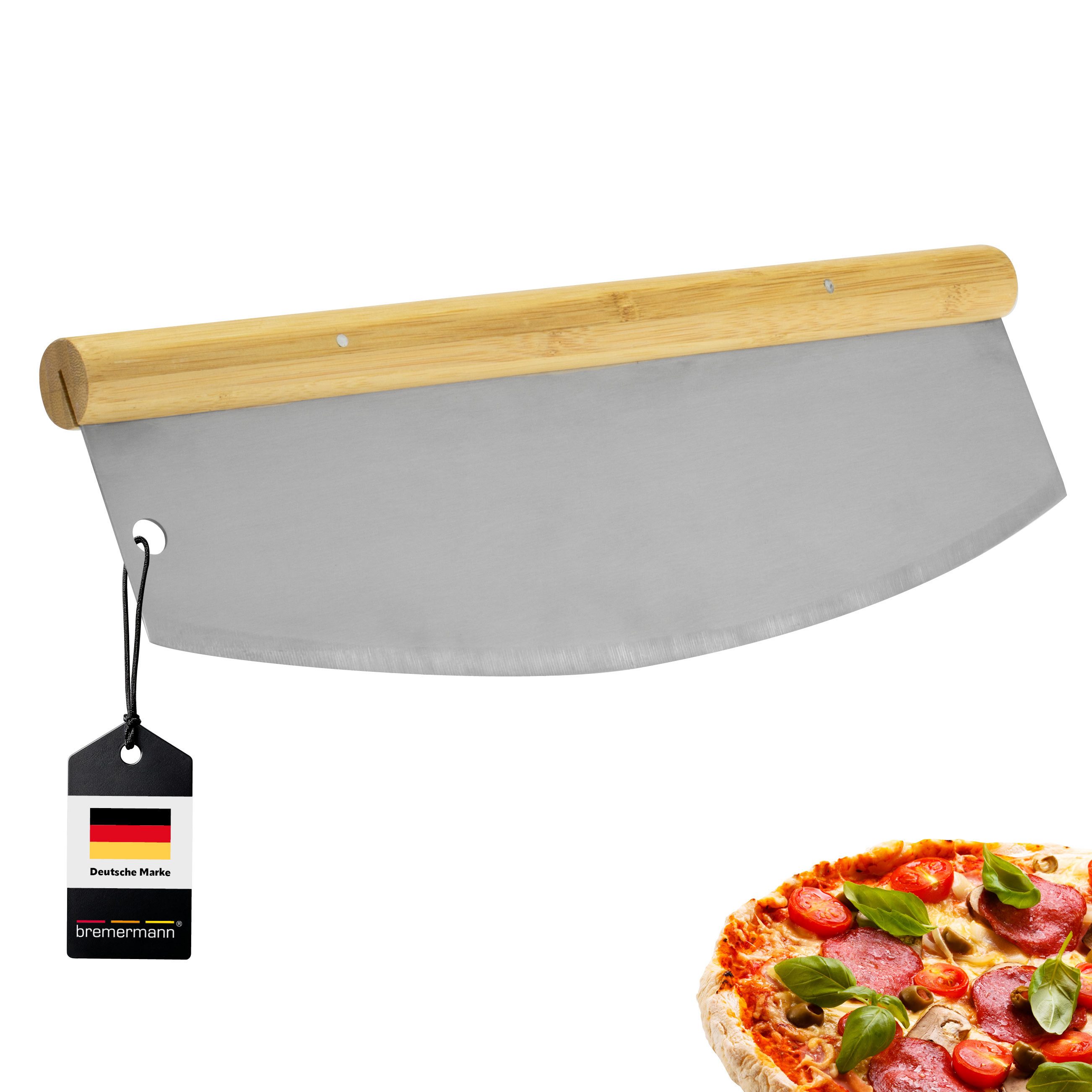 bremermann Pizzaschneider Pizzaschneider, Wiegemesser mit Holzgriff, Pizzamesser, inkl. Loch zum Aufhängen