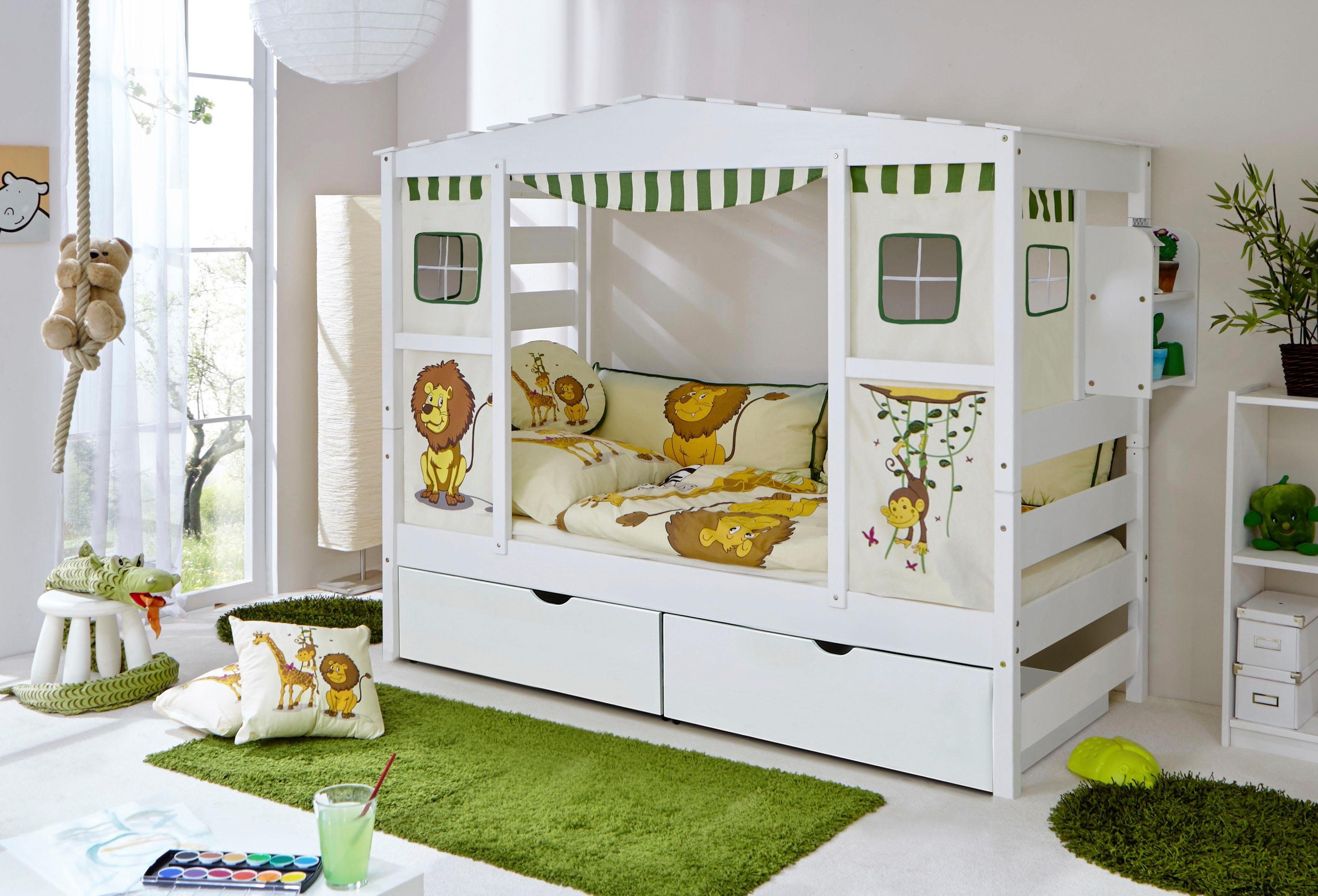 Kiefer Hausbett »Safari« Kinderbett Ticaa massiv gewachst-Textil-Set weiß Lio,