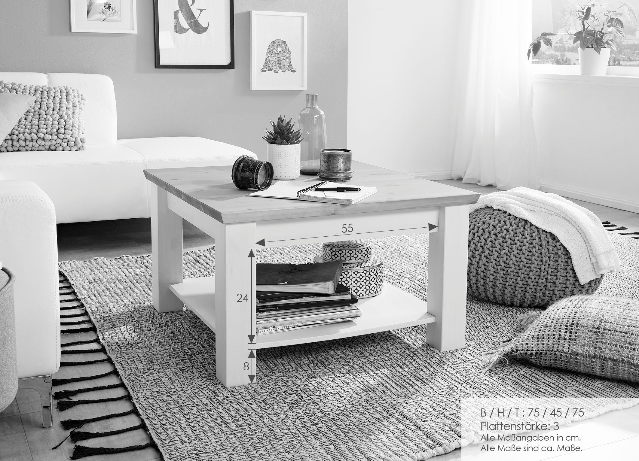 G+K Möbelvertriebs GmbH Couchtisch aus Kiefer massiv in grau mit Absetzungen in eichefarbig (BxHxT: 75x45x75 cm)