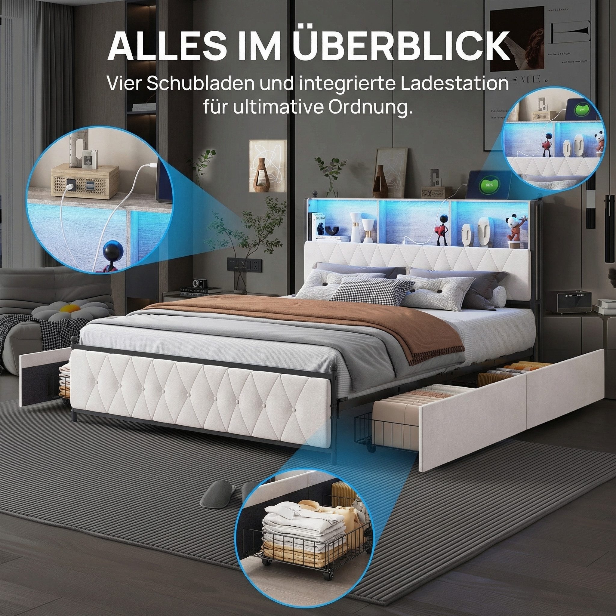 PXloue Polsterbett Doppelbett 180x200 mit LED Licht und Ladefunktion (Mit Lattenrost und Ladefunktion, Samtmaterial Stauraumbett), Modernes Jugendbett, mit Bett – Bild 4 von 5