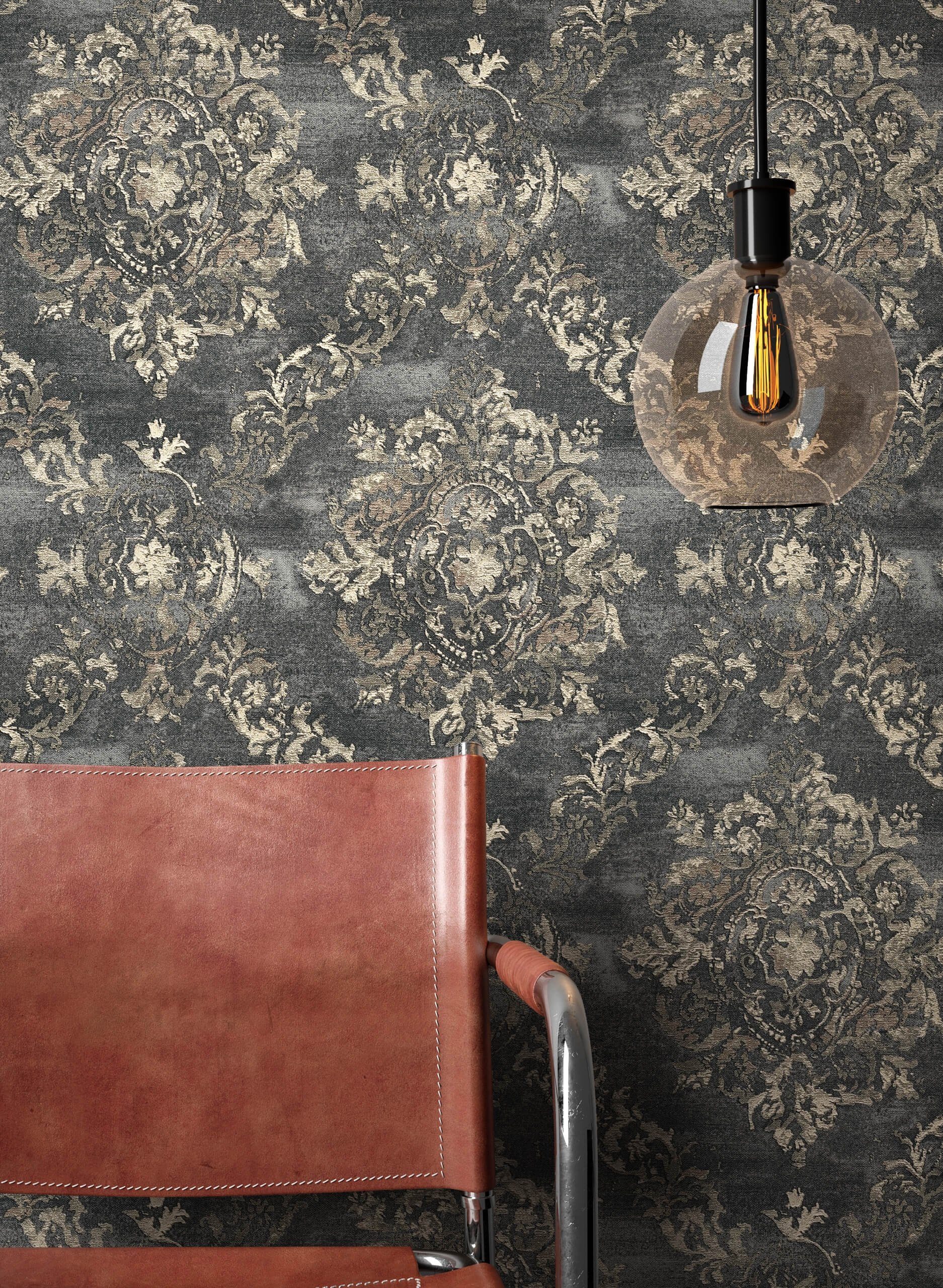 Newroom Vliestapete, Schwarz Tapete Barock Ornament - Barocktapete Gold Gla günstig online kaufen