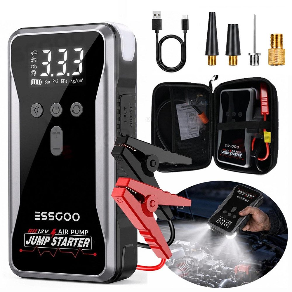 ESSGOO 5000A 12V 4-in-1 Auto Starthilfe Powerbank 150PSI Kompressor Autobatterie-Ladegerät (18000 mAh, LED-Leuchte, 9,0L Benzin Oder 8,0L Diesel, -20°C bis 60°C)
