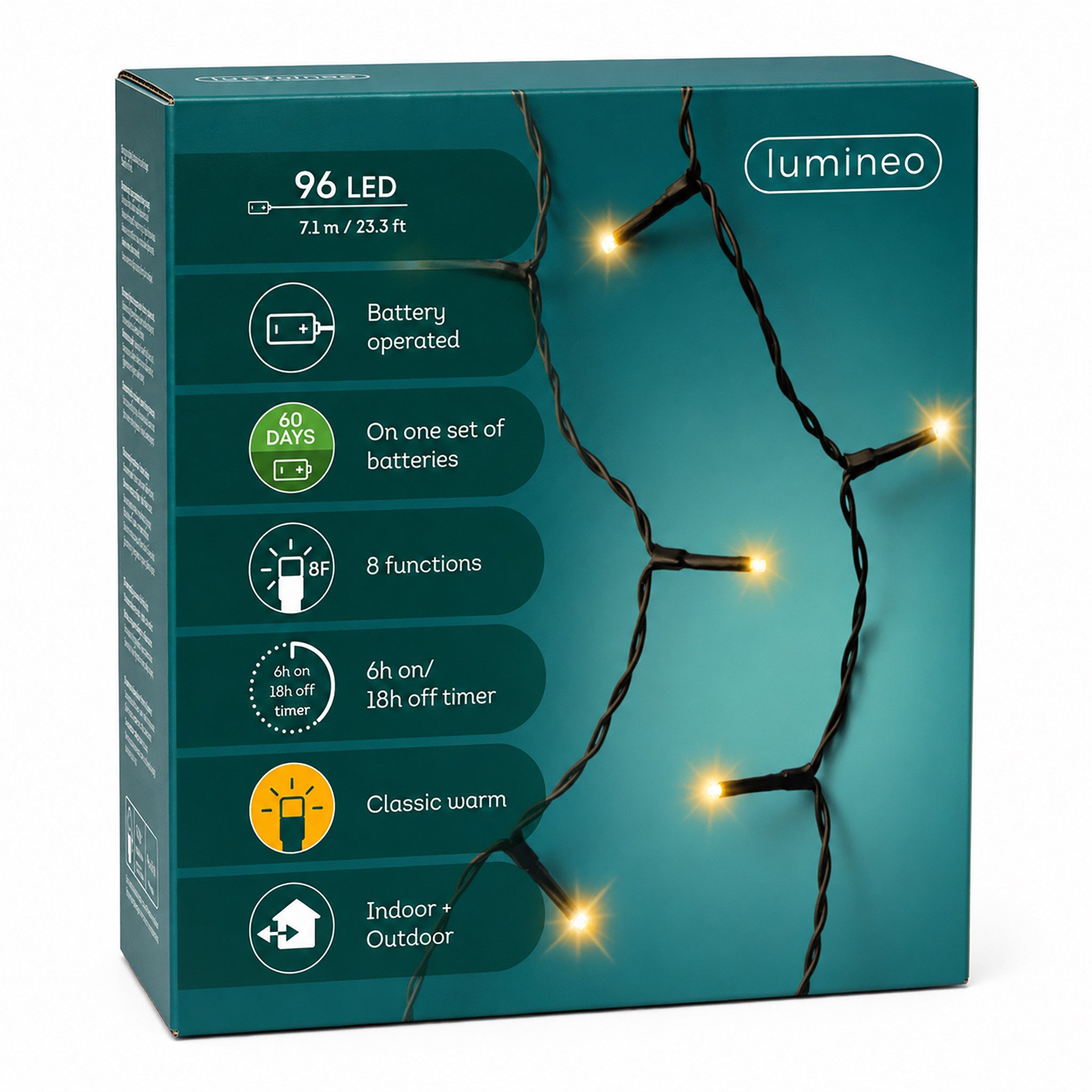 Lumineo LED-Lichterkette, LED Lichterkette 7,1m Durawise Batterie 96 LEDs Klassisch Warm