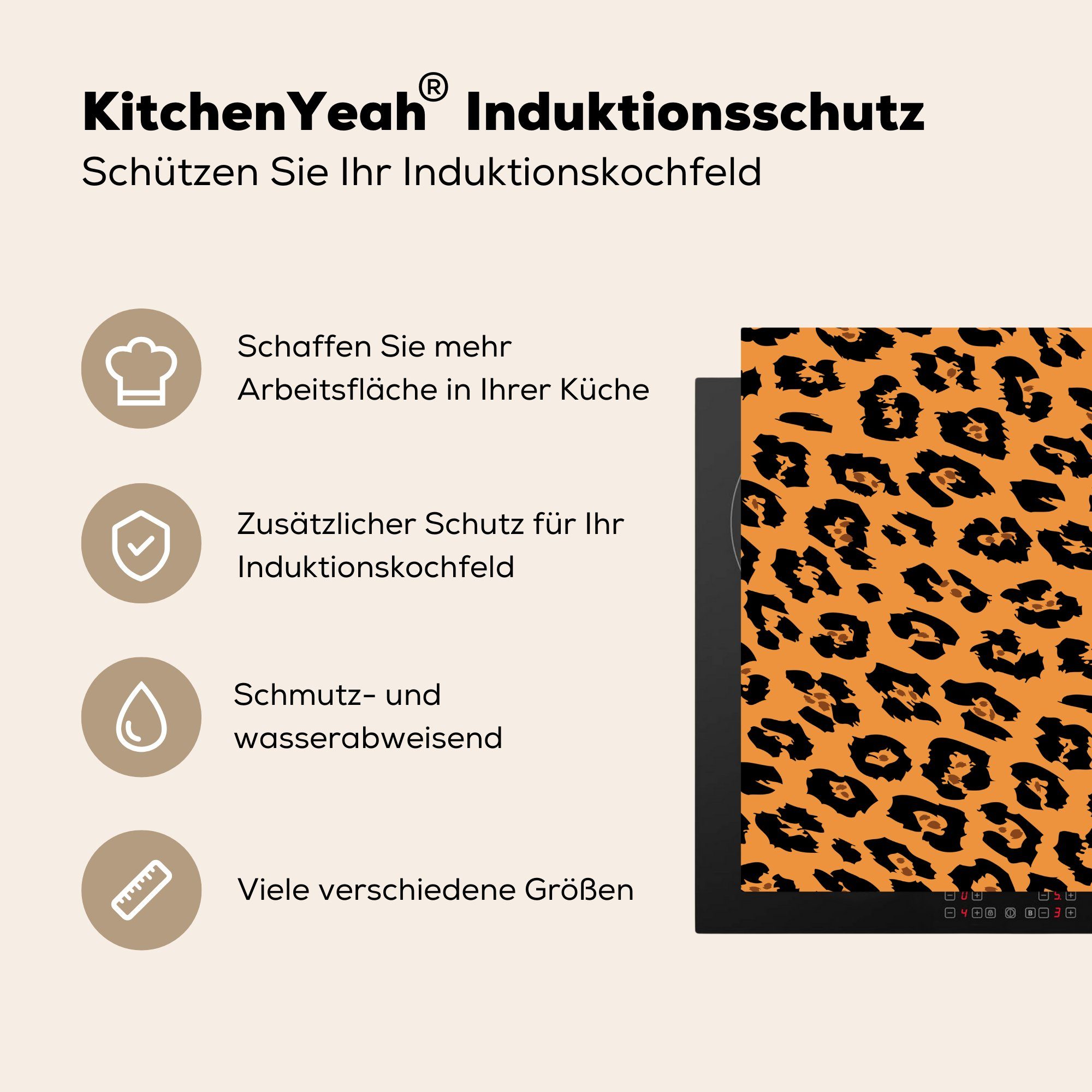 cm, - für Schwarz, Arbeitsplatte 78x78 - küche Herdblende-/Abdeckplatte MuchoWow Vinyl, (1 Ceranfeldabdeckung, tlg), Orange Pantherdruck