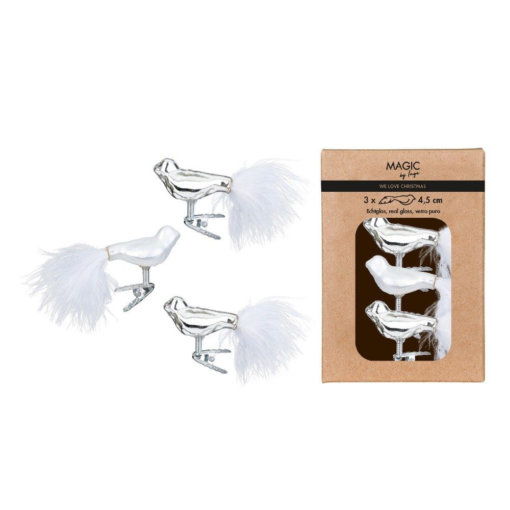 Holly & Jolly Christbaumschmuck, Christbaumschmuck Vögel auf Clip 4,5cm Glas 3er Set - Frosty Silver