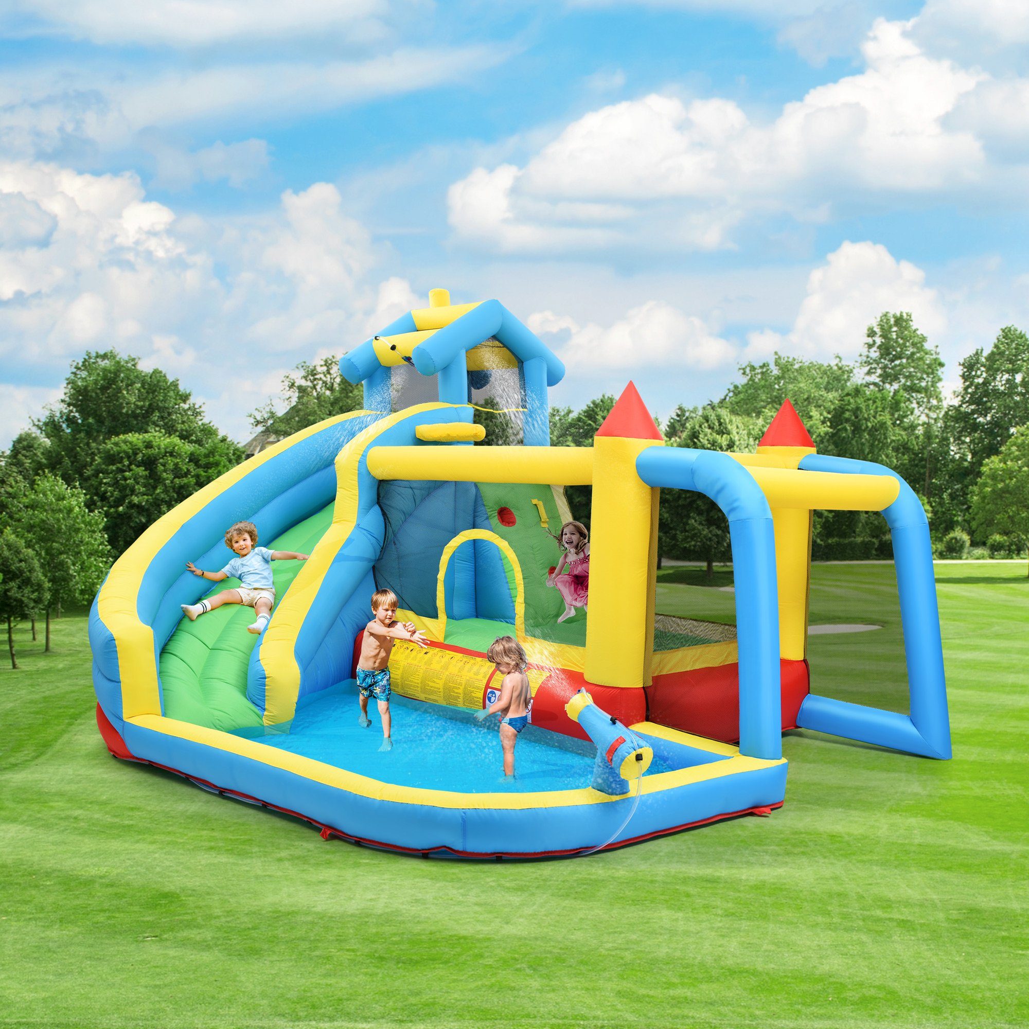 Celya Hüpfburg Hüpfburg für kinder, 5 in 1 Aufblasbare Hüpfburg Outdoor, (Outdoor Castle Bouncer mit Rutsche Sprungbereich Wasserpool Fußballnetz, Aufblasbare Größe: 364*315*239cm), Hüpfburg, 5 in 1 Aufblasbare Hüpfburg für Kinder von 3-10 Jahren
