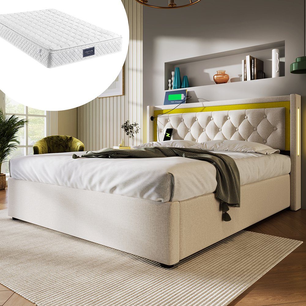 Polsterbett (140x200cm Doppelbett mit Lattenrost, LED-Beleuchtung und Matratze), Stauraumbett mit USB Typ C Ladefunktion Kopfteil, Baumwolle-Leinen