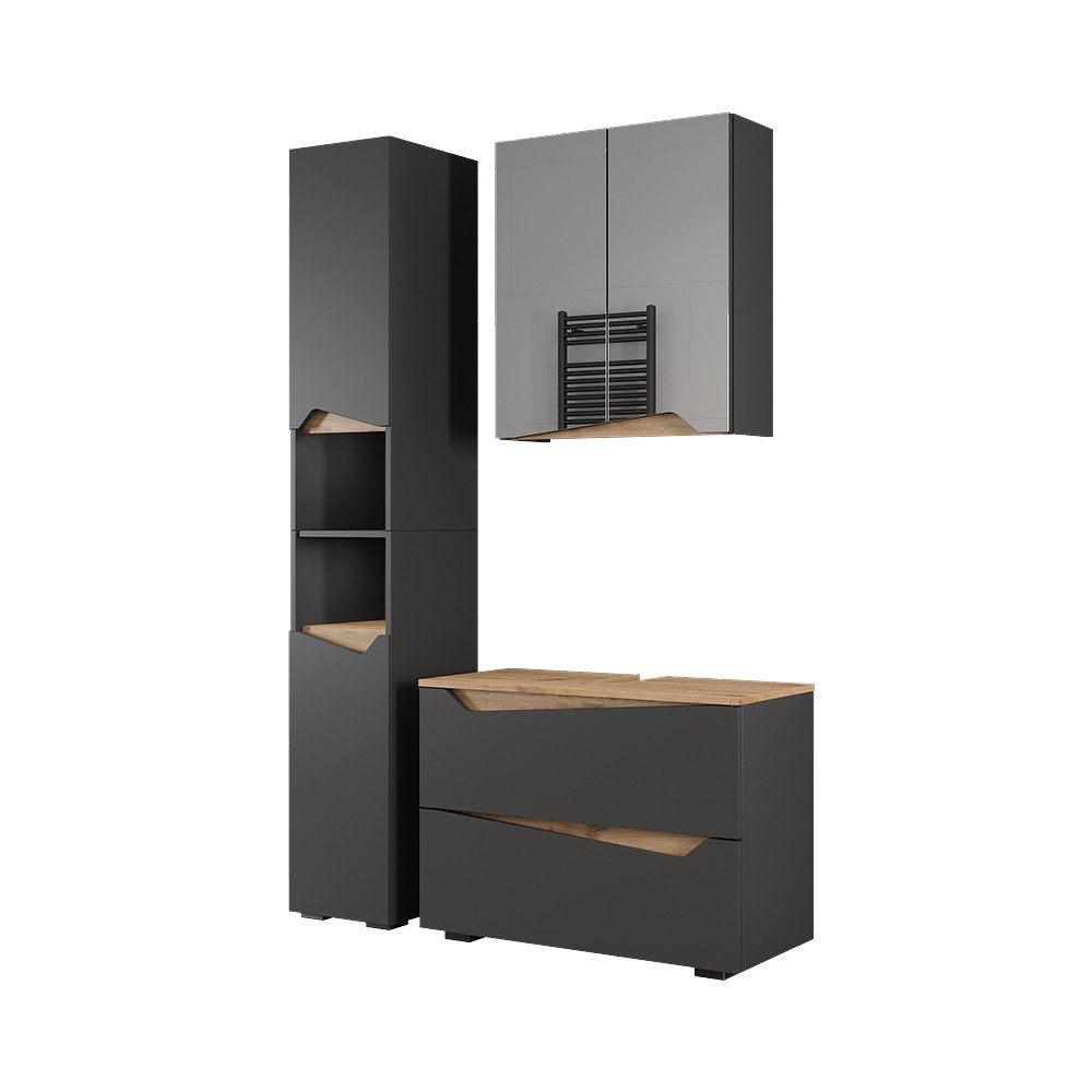Vicco Badmöbel-Set Marelle, Anthrazit/Artisan, 3 Teile mit Hochschrank, (3-St., 3er Set)