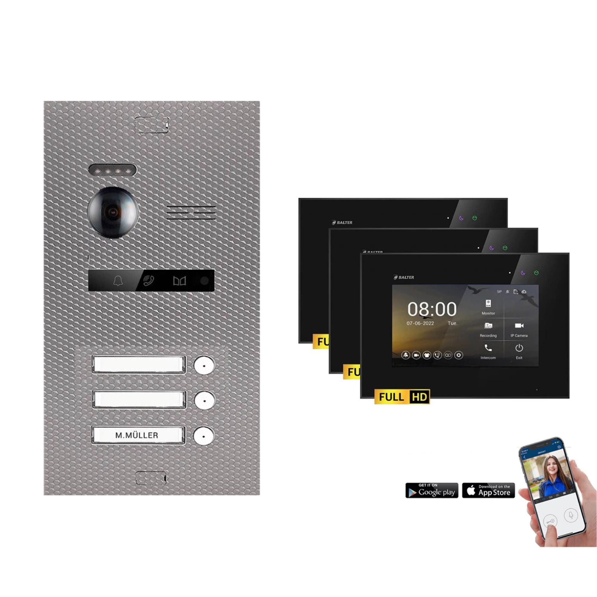 Balter Video-Türsprechanlage BALTER HD WLAN Video Gegensprechanlage 3-Familienhaus Silber Schwarz (Set, 3-Familienhaus, Komplettset, Full HD 175° Kamera, App-Steuerung)