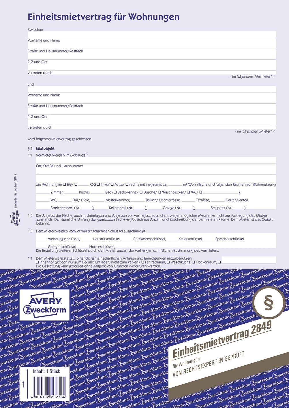 Formularblock 2849 Einheitsmietvertrag - Wohnungen DIN A4 mit Hausordnung 1 Satz bla