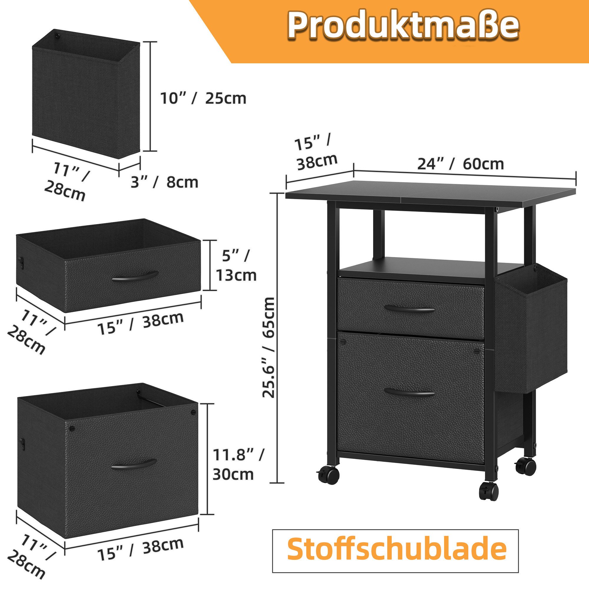 OYRREU Aktenschrank mit 2 Stoffschubladen & Seitentasche, rollbar, Lagerschrank Mehrzweck (1-St., Büroschrank ideal für DIN A4 Ordner inkl. 2 Schubkästen, 60 cm Platte) Höhe 65cm Einzelschrank, Nachttisch