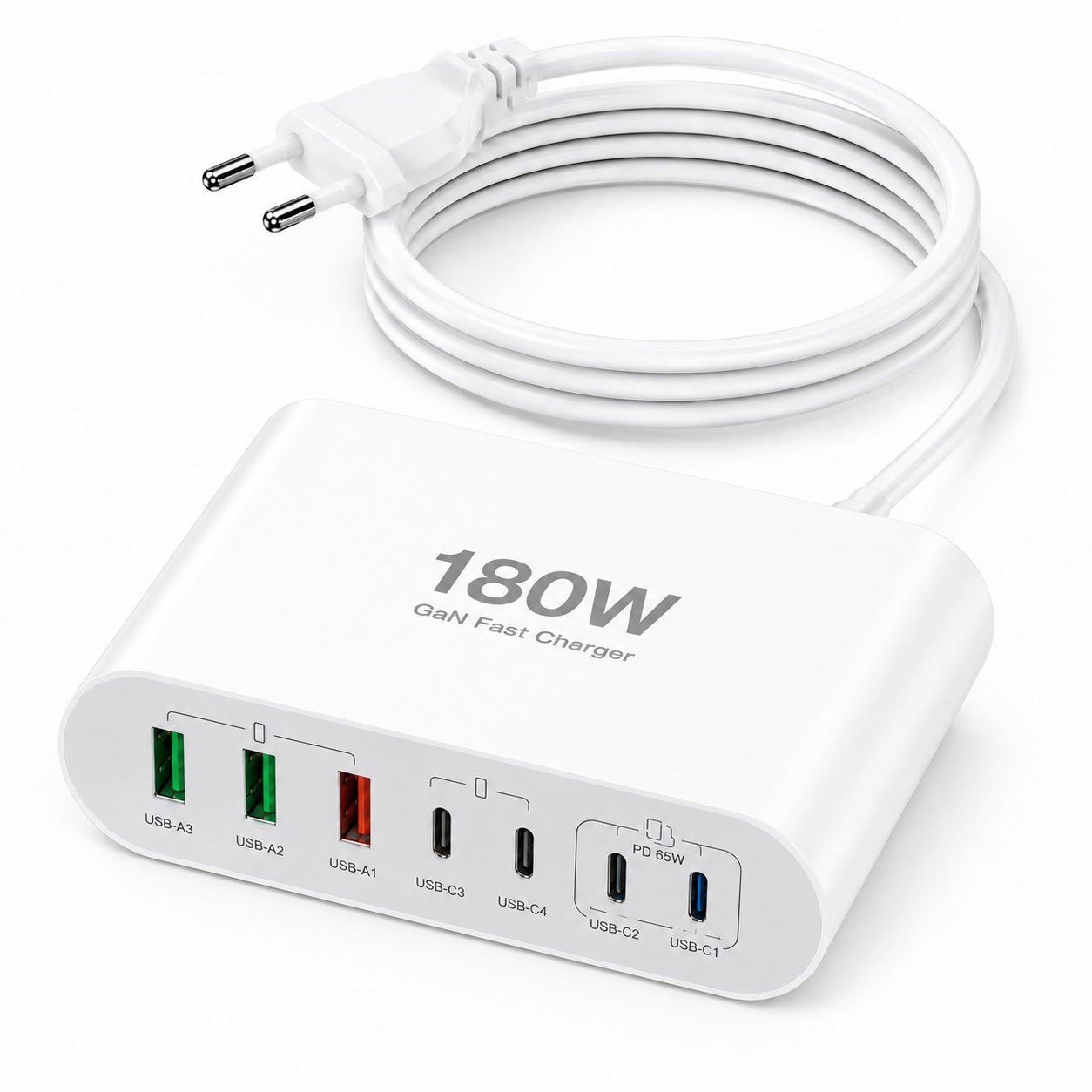 Vivitar 200W Ladegerät mit 6 Anschlüssen, GaN-Schnellladegerät, 100W USB-C-PD USB-Ladegerät (inklusive eines 1,5 m langen, abnehmbaren Verlängerungskabels, für Tablets, Smartphones, Laptops, Smartwatches, Kopfhörer, Powerbanks, mit USB-A-Multiport, USB-C-