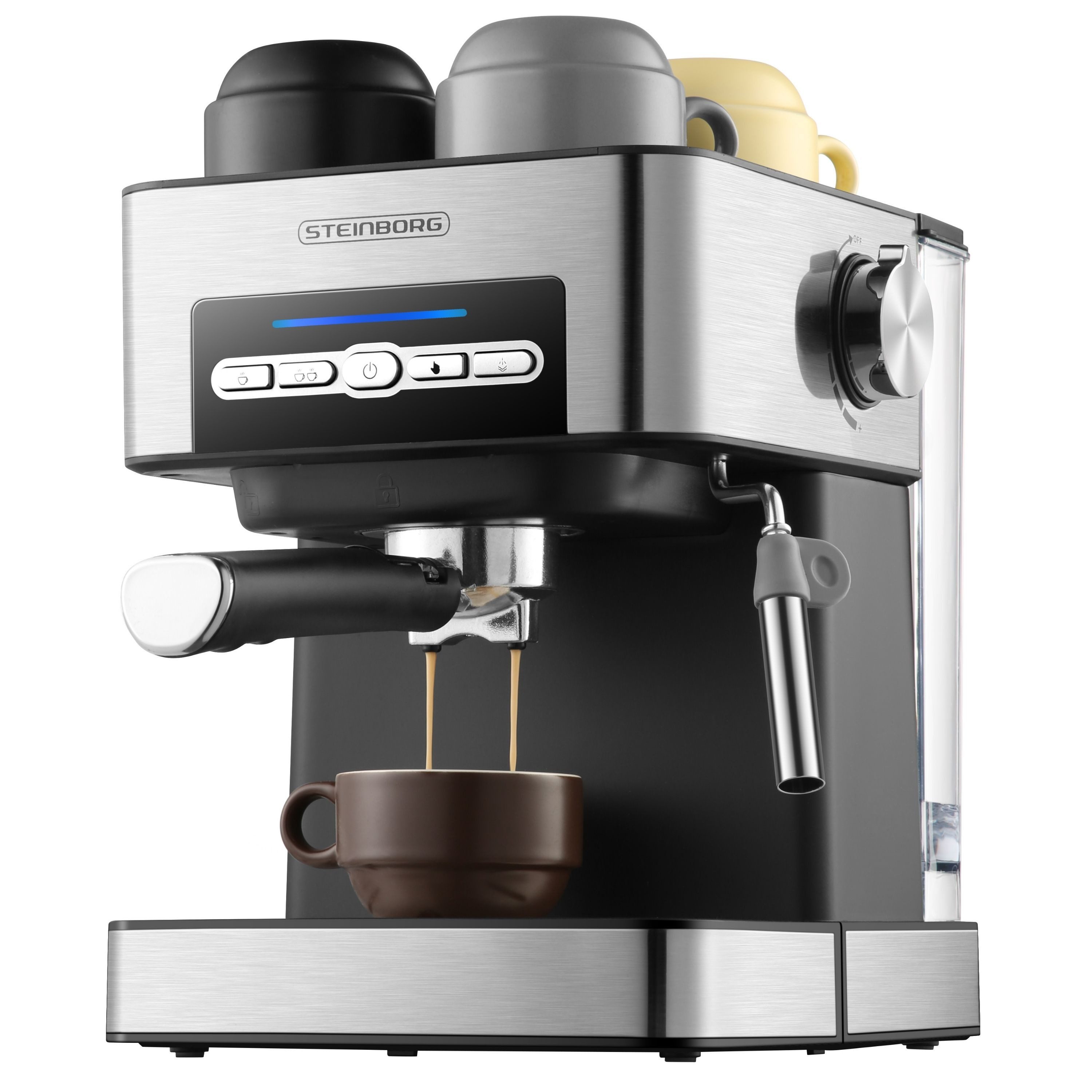 STEINBORG Espressomaschine, Edelstahlfilter, Edelstahl Design, 15 bar, Milchaufschäumer