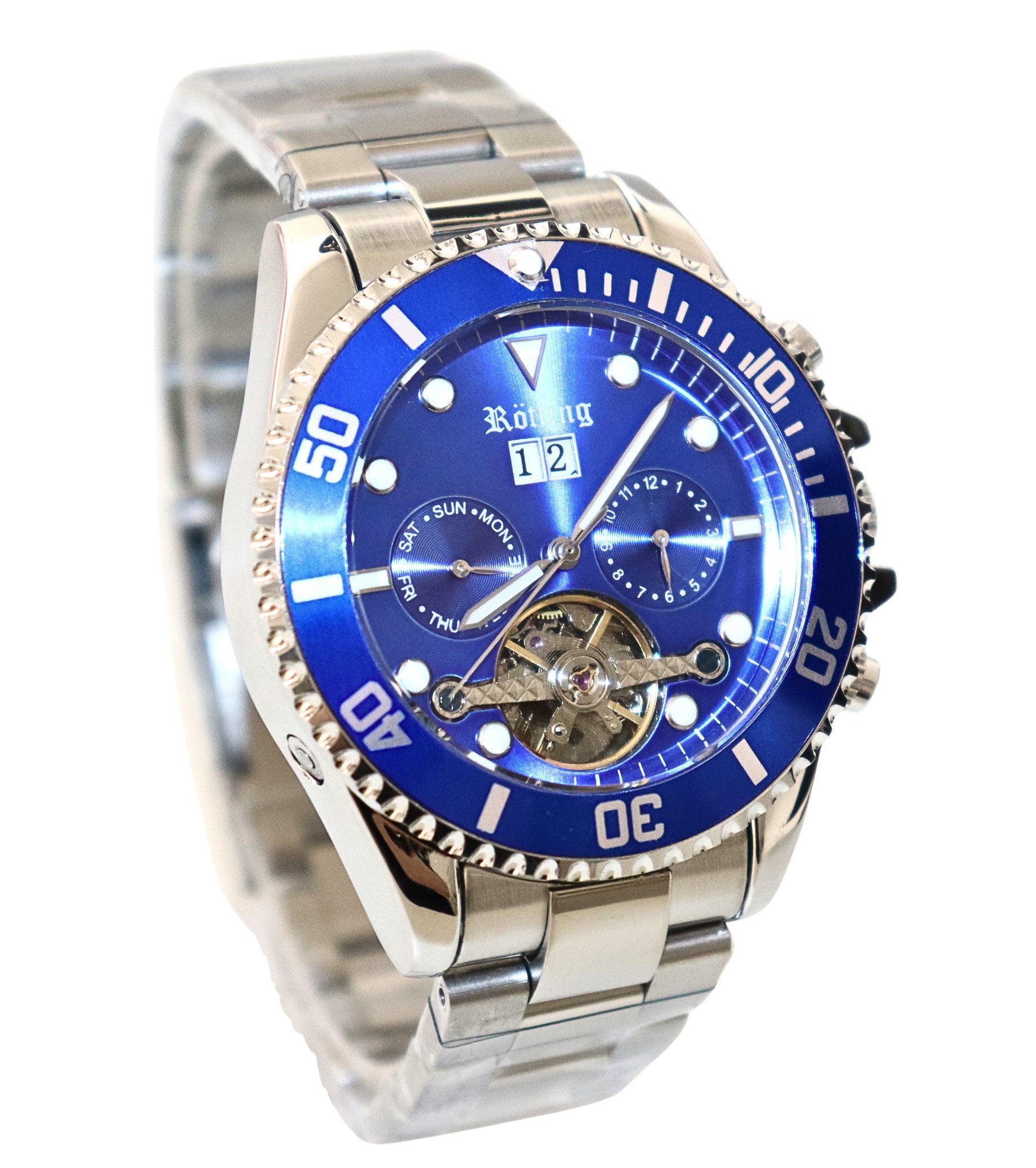 Rötting Design Automatikuhr Herrenuhr blaues Ziffernblatt blaue Lünette zum günstig online kaufen