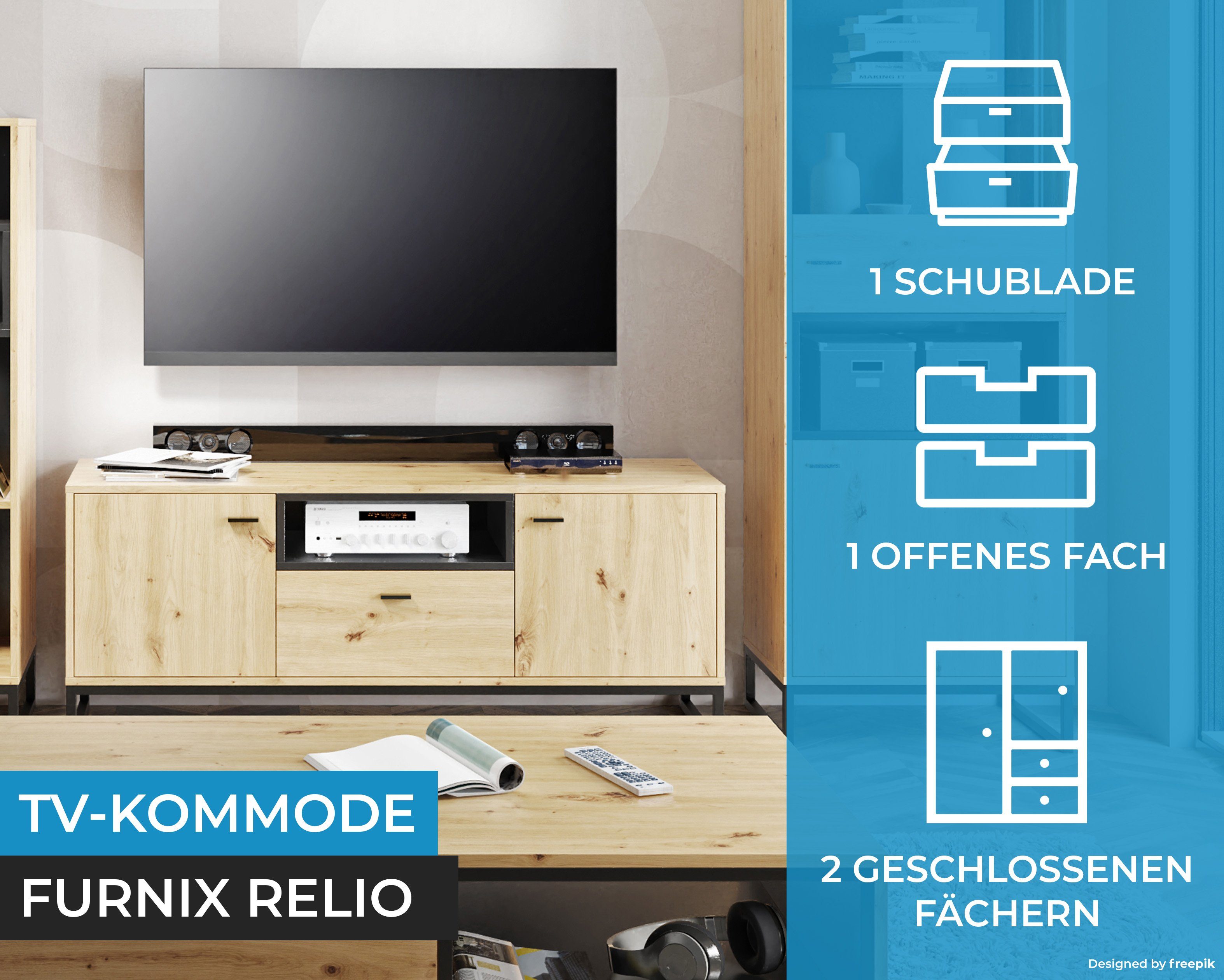 TV-Board Ablage, Lowboard Türen, Schublade, x 2 RELIO Artisan/Schwarz B135x T40 mit, TV-Kommode Furnix TV-Schrank cm H55