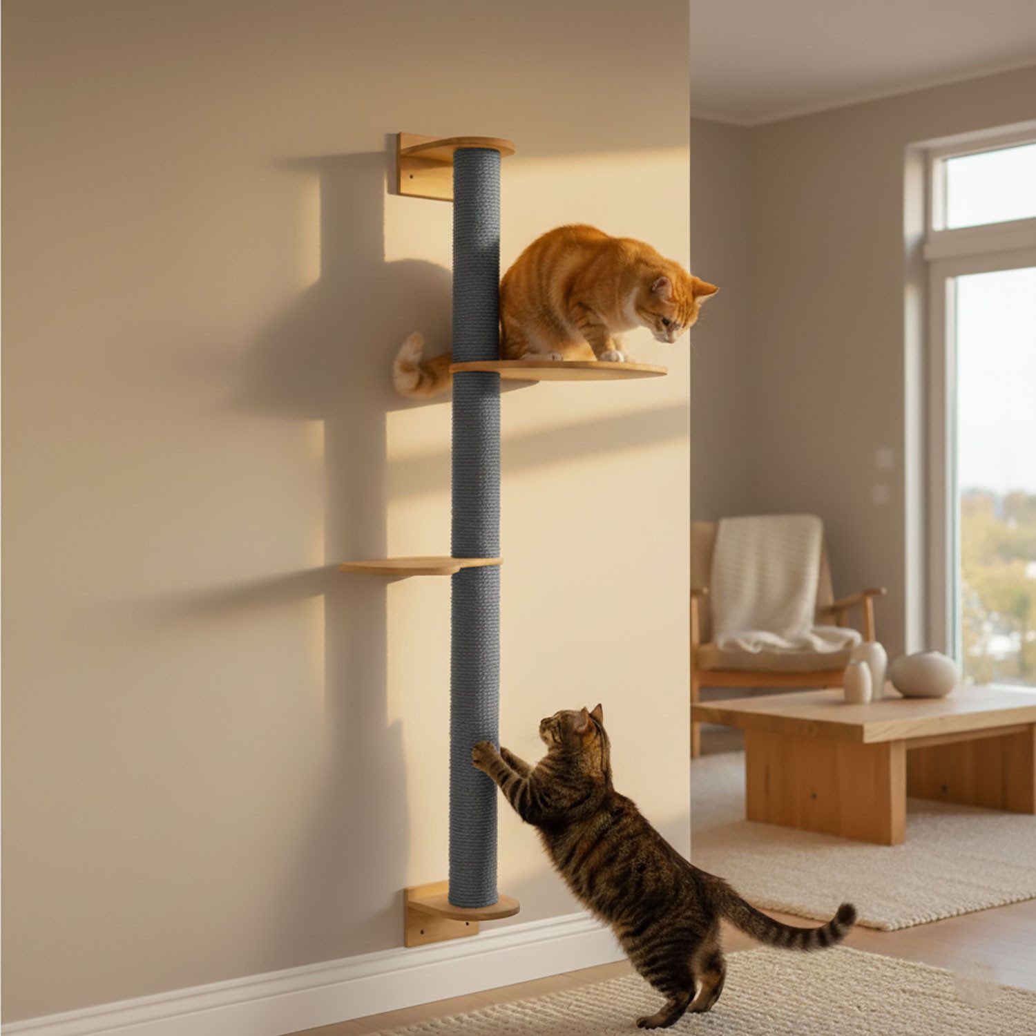 eyepower Kratzbaum zur Wandmontage - 130cm Wandkratzbaum für Katzen mit 2 Bambus Plateaus, Sisalstamm Wand - Katzenkratzbaum platzsparend - Kletterwand Katze
