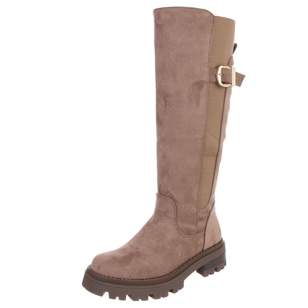 Ital-Design Damen kniehohe Stiefel mit Schnalle und Profilsohle Plateaustiefel (92078605) Blockabsatz Stiefel in Hellbraun