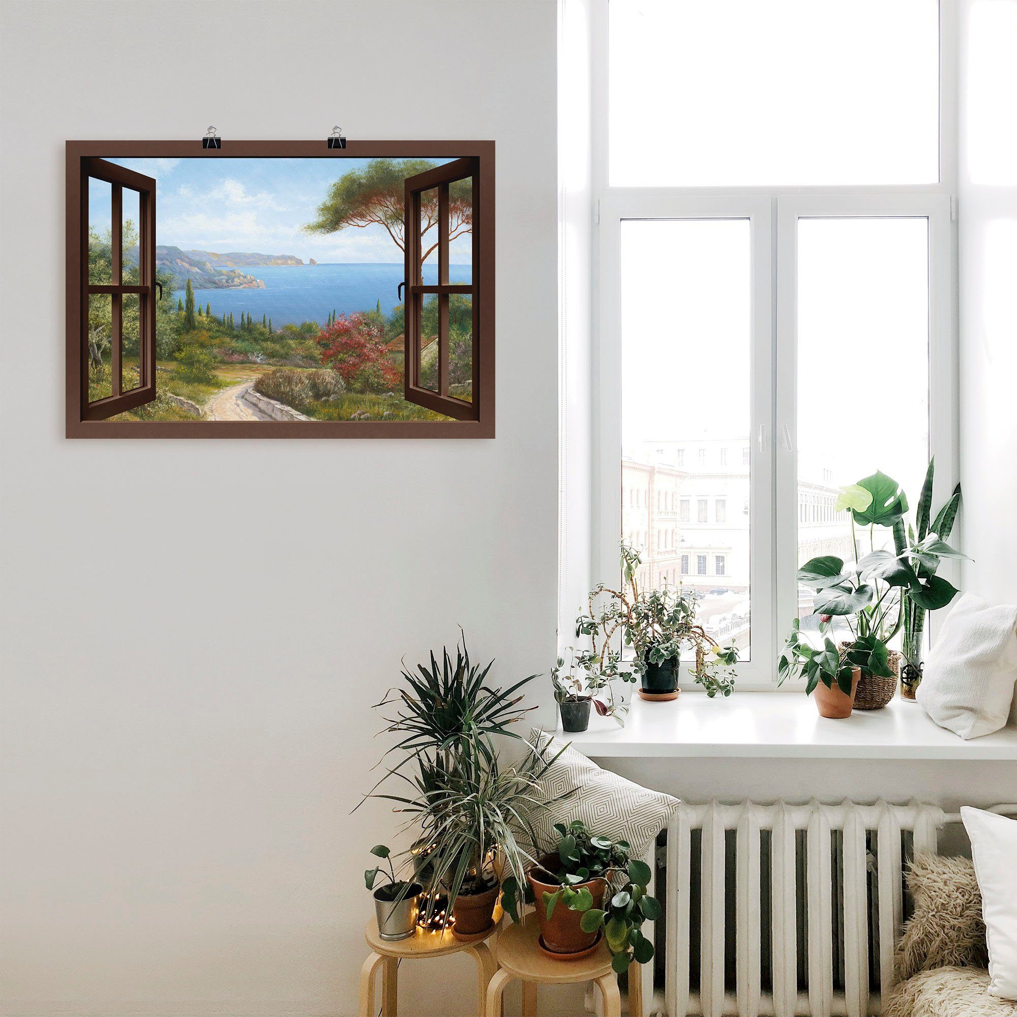 Leinwandbild, Artland Wandbild Poster als Wandaufkleber oder versch. (1 Fensterblick Größen Frühlingsmorgen, in St), braun Fensterblick