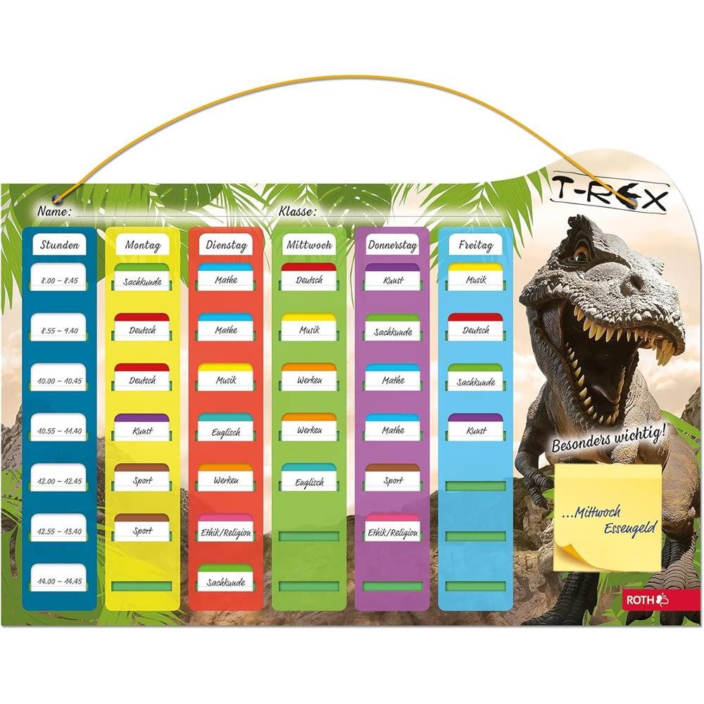 Roth Schülerkalender Klipp&Klar Stundenplan Steck Fix A3 Grundschule Dinosaurier, Steckkarten, Tagesfarben, Klebenotizen, Kordel, stabile Rückwand