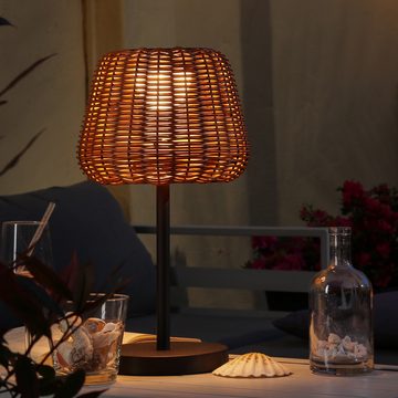MARELIDA LED Außen-Tischleuchte LED Garten Tischlampe Korboptik Rattanoptik dimmbar aufladbar Fernb., LED Classic, warmweiß (2100K bis 3000K)