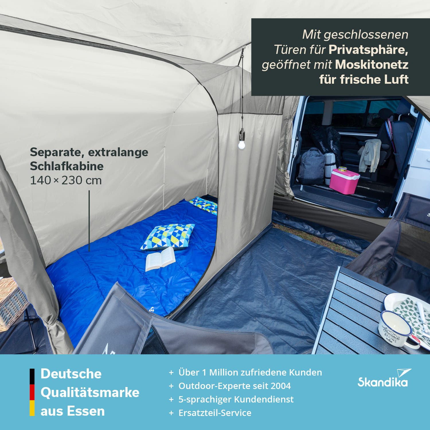 Skandika Buszelt Campingzelt, Tunnelzelt, Aarhus Travel 2, Vorzelt für Bus/Van, Personen: 2 (Tragetasche, Moskitonetz am Haupteingang, Sonnendach), Freistehend, 2 Eingänge, herausnehmbare Schlafkabine, Stehhöhe 205 cm