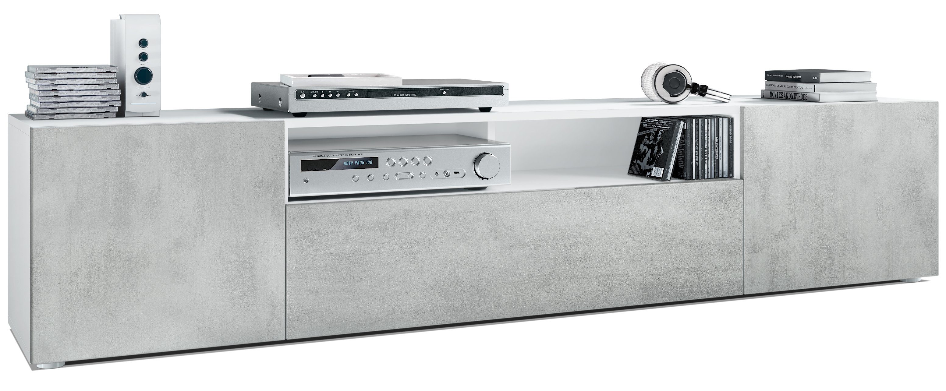 Vladon Lowboard Mogan (TV-Kommode, mit 2 Türen, 1 Klappe und 1 offenes Fach), Weiß matt/Beton Oxid-Optik (181 x 39 x 35 cm)