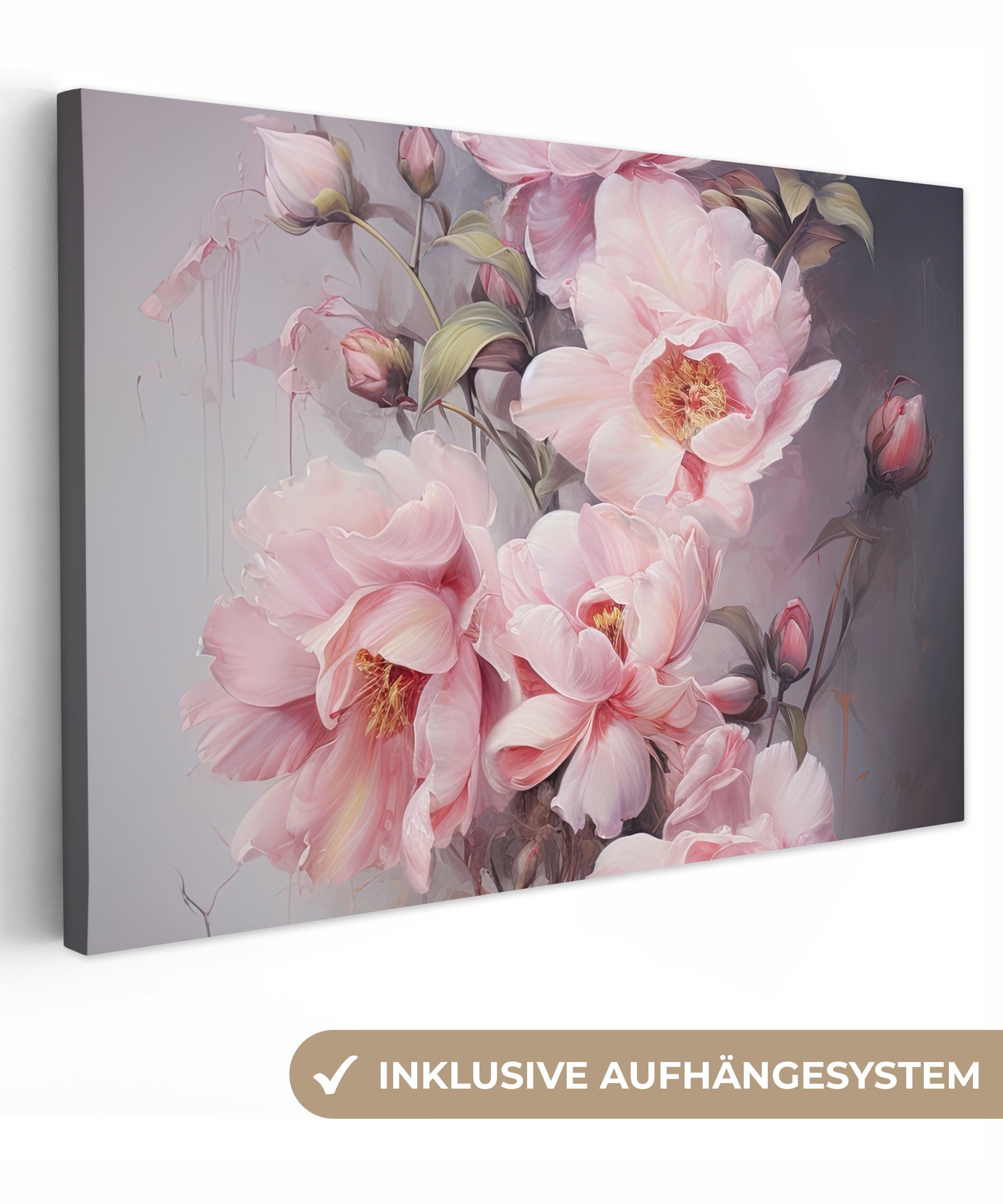 OneMillionCanvasses® Leinwandbild Rosen - Blumen - Rosa - Kunst - Aquarell, Fotodruck (1 St), Leinwand Bilder Klein, Wand Dekoration Aesthetic 30x20 cm