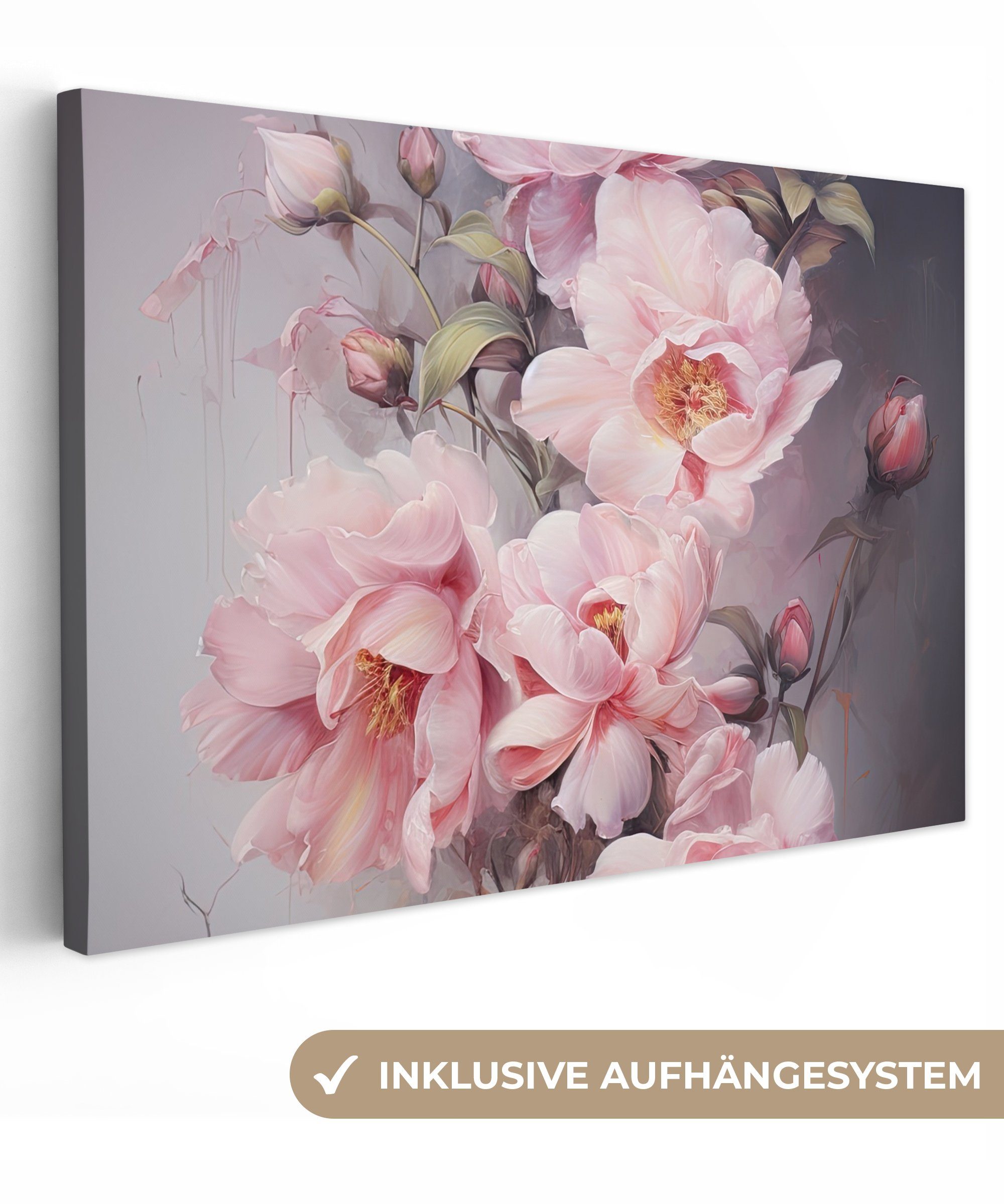 OneMillionCanvasses® Leinwandbild Rosen - Blumen - Rosa - Kunst - Aquarell, (1 St), Wandbild für alle Wohnbereiche, Gemälde, XXL, großes, 120x80 cm