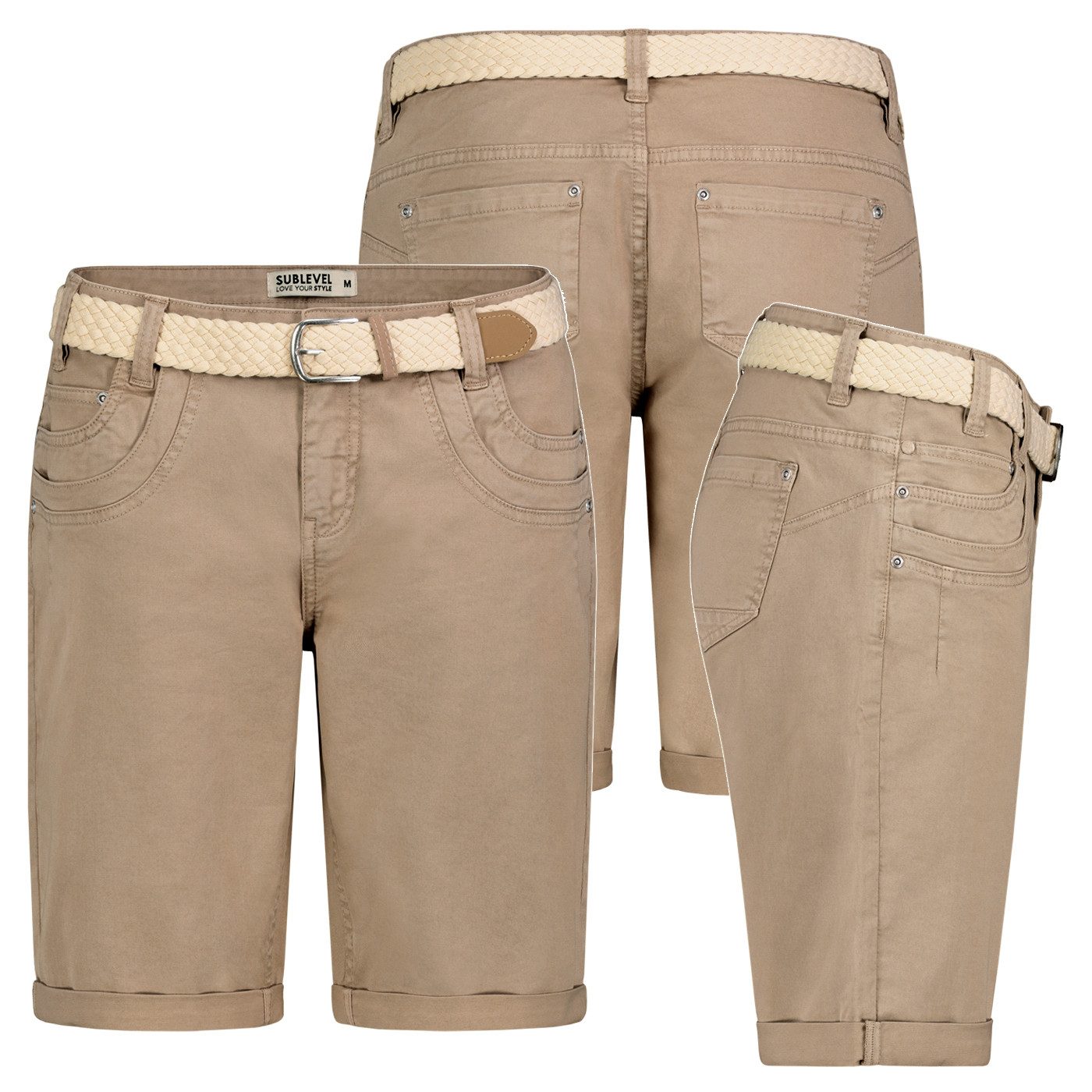 SUBLEVEL Bermudas Damen Short Bermuda kurze Hose Sommer Chino Short Stoff Hose Gürtel