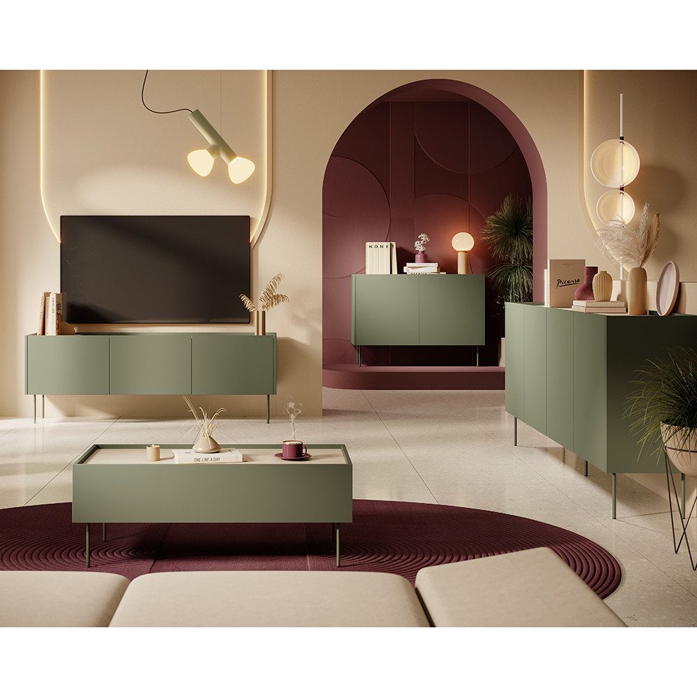 Lomadox Wohnzimmer-Set DELFT-141, (Mega-Spar-Set, 4-St., Couchtisch Lowboard Sideboard), in olivgrün und Eiche mit Metallfüßen, modern, grifflos