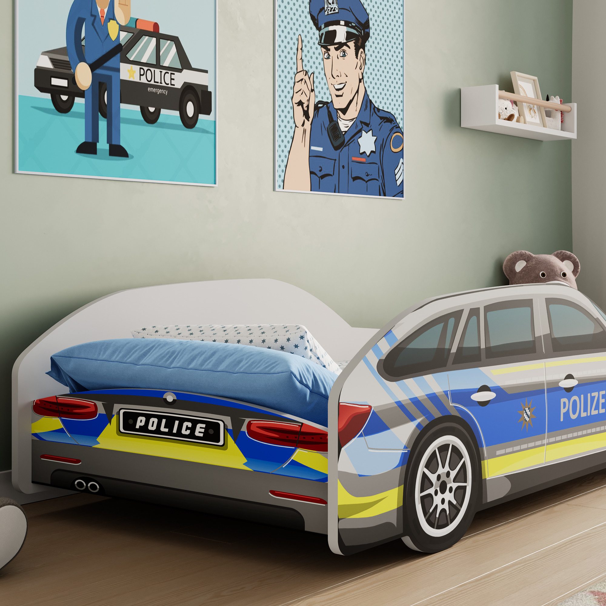 Kids Collective Autobett Kinderbett Jugendbett 70x140 und 80x160 cm Polizei Motiv, mit Rausfallschutz Kinder Spielbett 70x140 cm
