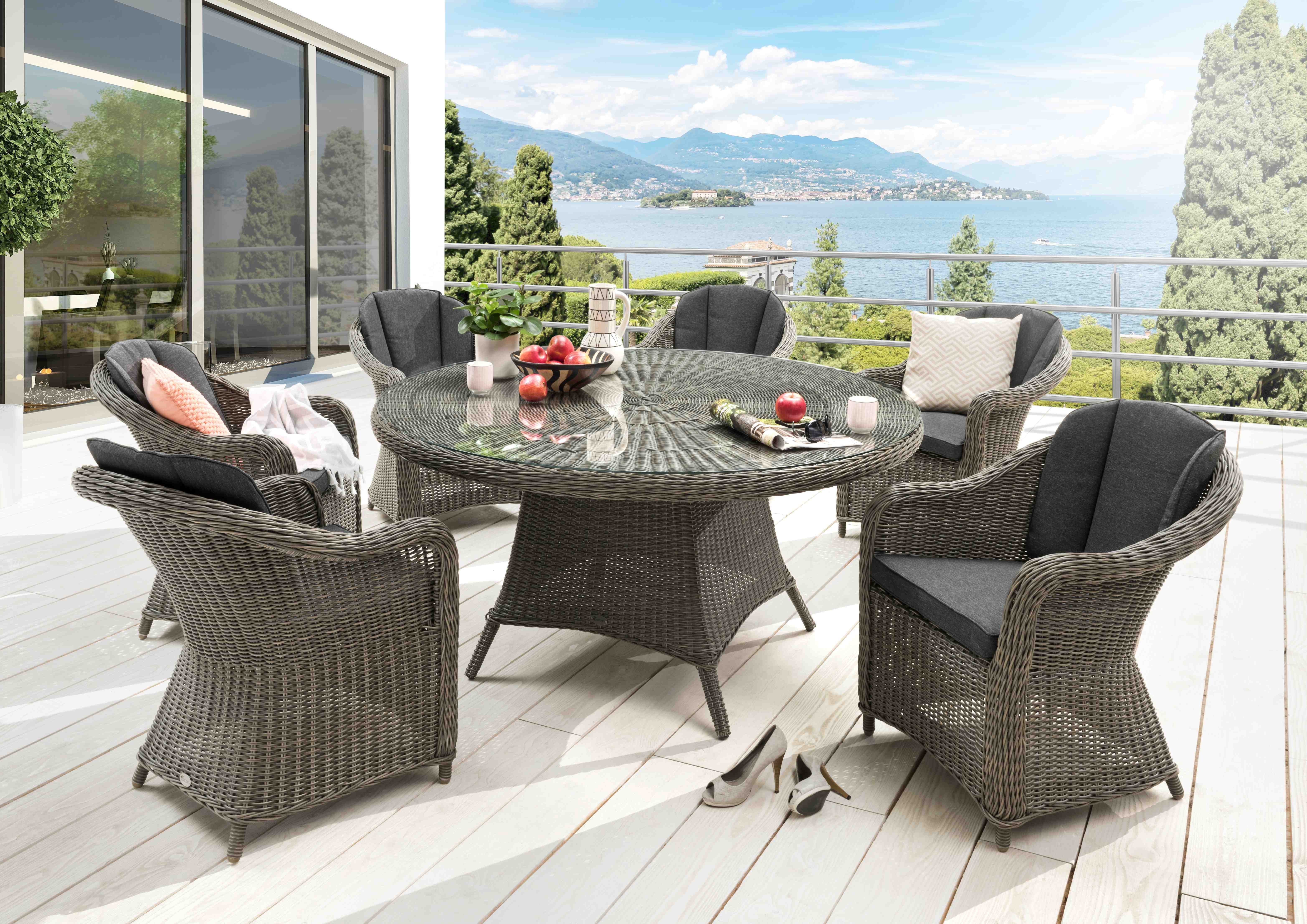 Destiny Garten-Essgruppe MALAGA, Esstisch Ø150cm mit 6 Sesseln inkl. Polster, Aluminium + Polyrattan