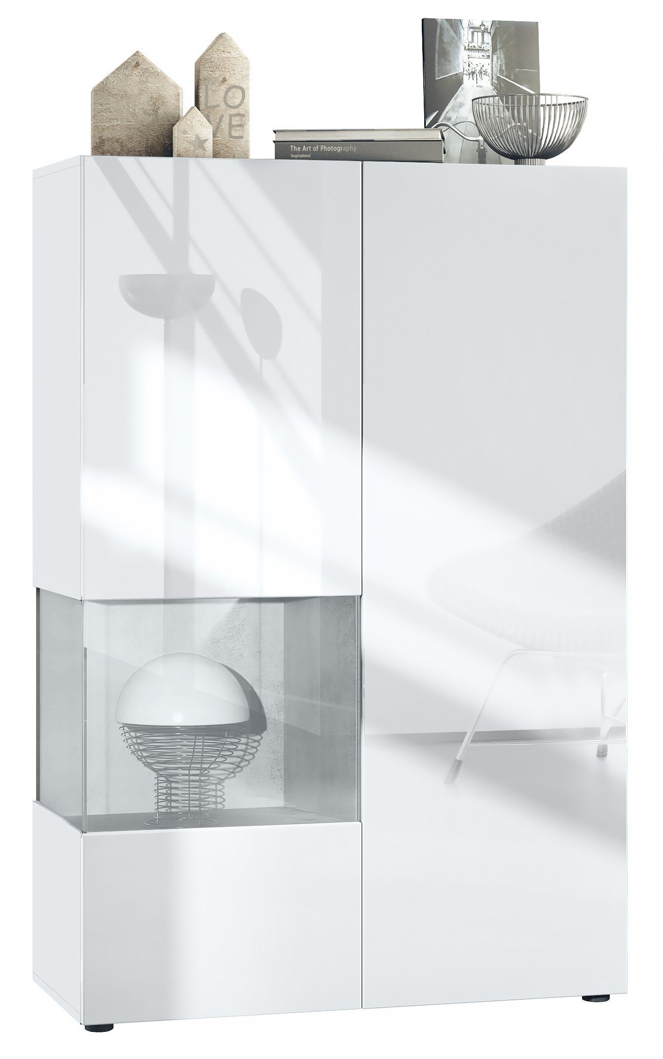 Vladon Standvitrine Morena V2 (Standvitrine, mit 2 Türen und Glaseinsatz) Weiß matt/Weiß Hochglanz/Beton Oxid Optik (91,5 x 136,5 x 37 cm) Einsatz in Beton Oxid Optik