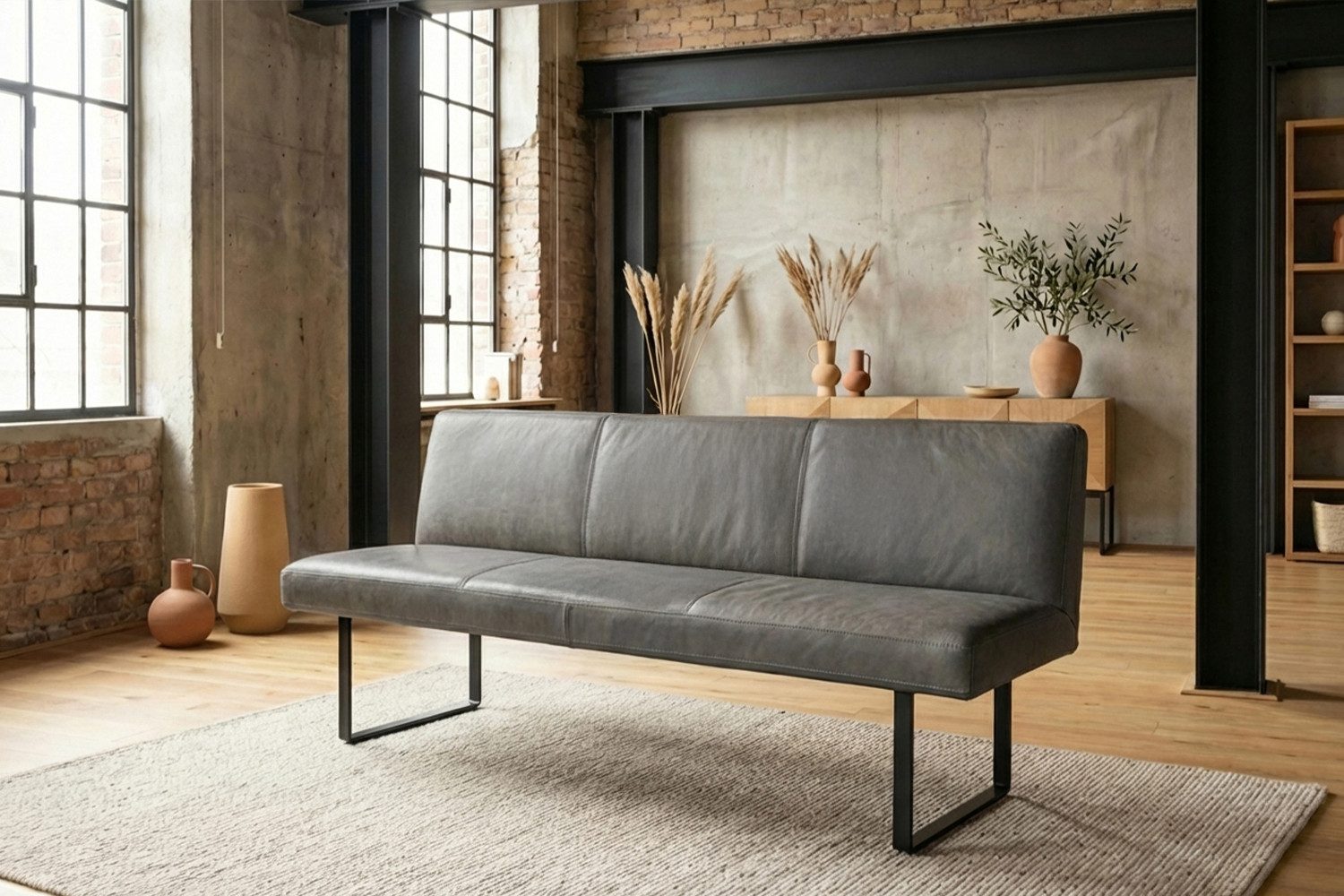 KAWOLA Sitzbank ELEEN Esszimmerbank Leder pigmentiert – modernes Design, 243 cm Breite, hoher Sitzkomfort, Metallgestell schwarz