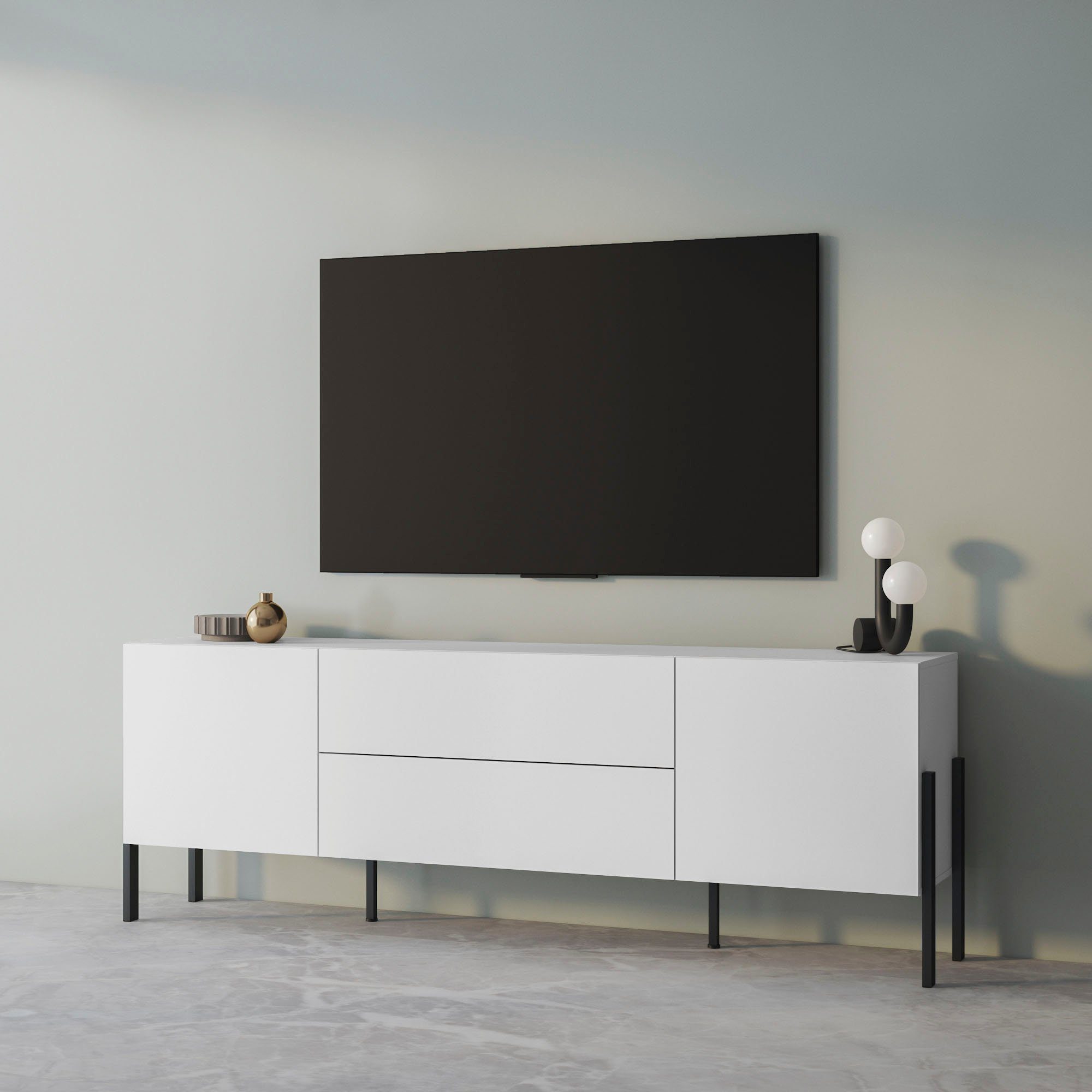 Lowboard Jukon,Breite 200 cm, moderne grifflose TV-Kommode,2 Türen/2 Schubladen