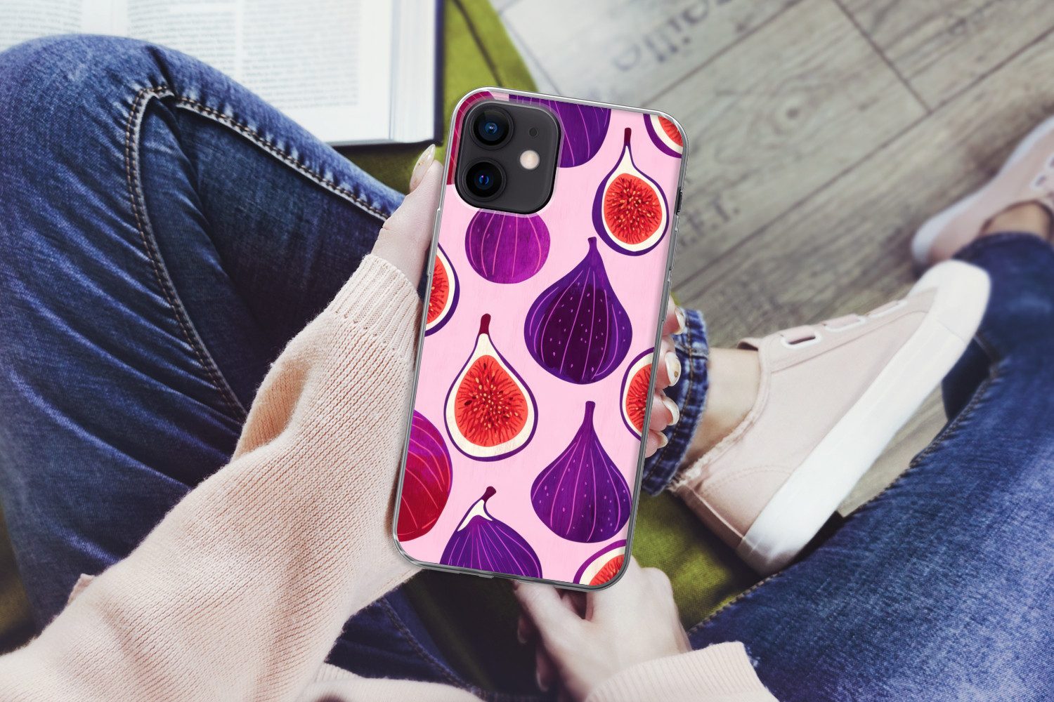 MuchoWow Handyhülle für Apple iPhone 12 Feigen - Rosa - Lila, Smartphone-Bumper, Print, Handy Schutzhülle Dünn