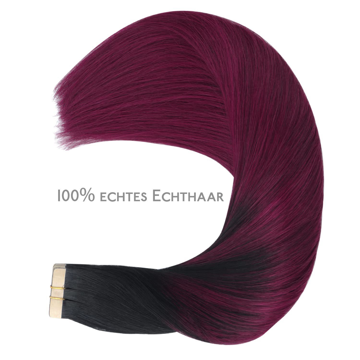 Echthaar-Extension Haar,tiefschwarz burgunderrot im Echthaar-Extensions,Klebeband Wennalife bis