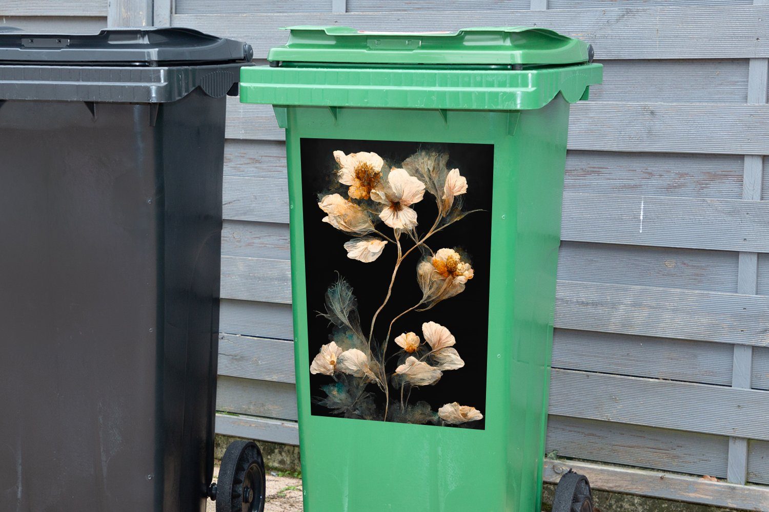 Blumen (1 - Vintage Abfalbehälter - Wandsticker Mülltonne, MuchoWow Schwarz Pflanzen Sticker, - Mülleimer-aufkleber, Container, St),