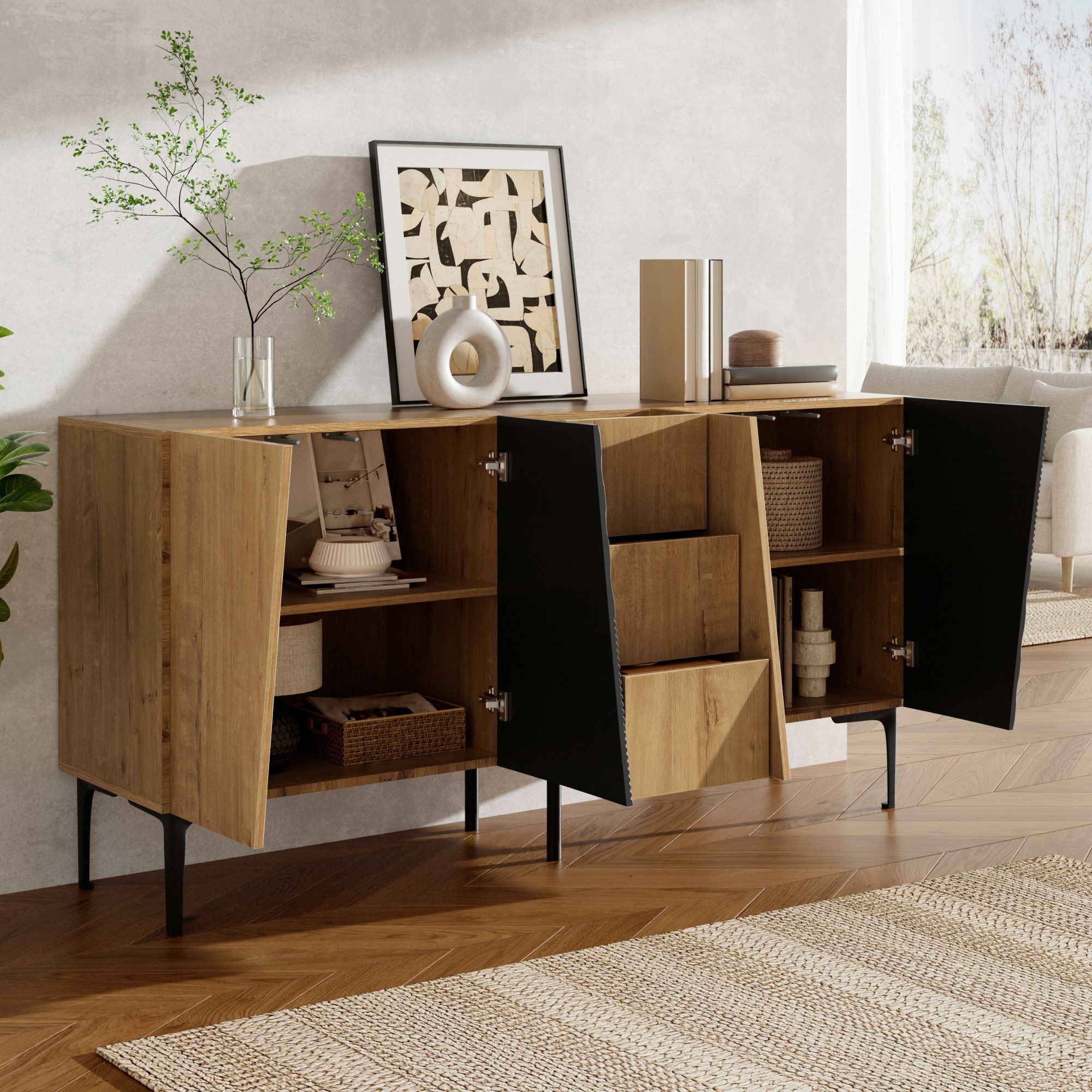 Flieks Kommode Sideboard mit 4 Türen und 3 Schubladen in Holzoptik, Eisenbeinen (160x40x80 cm, 1 St., Multifunktionsschrank für Wohnzimmer, Schlafzimmer, Esszim – Bild 4 von 5