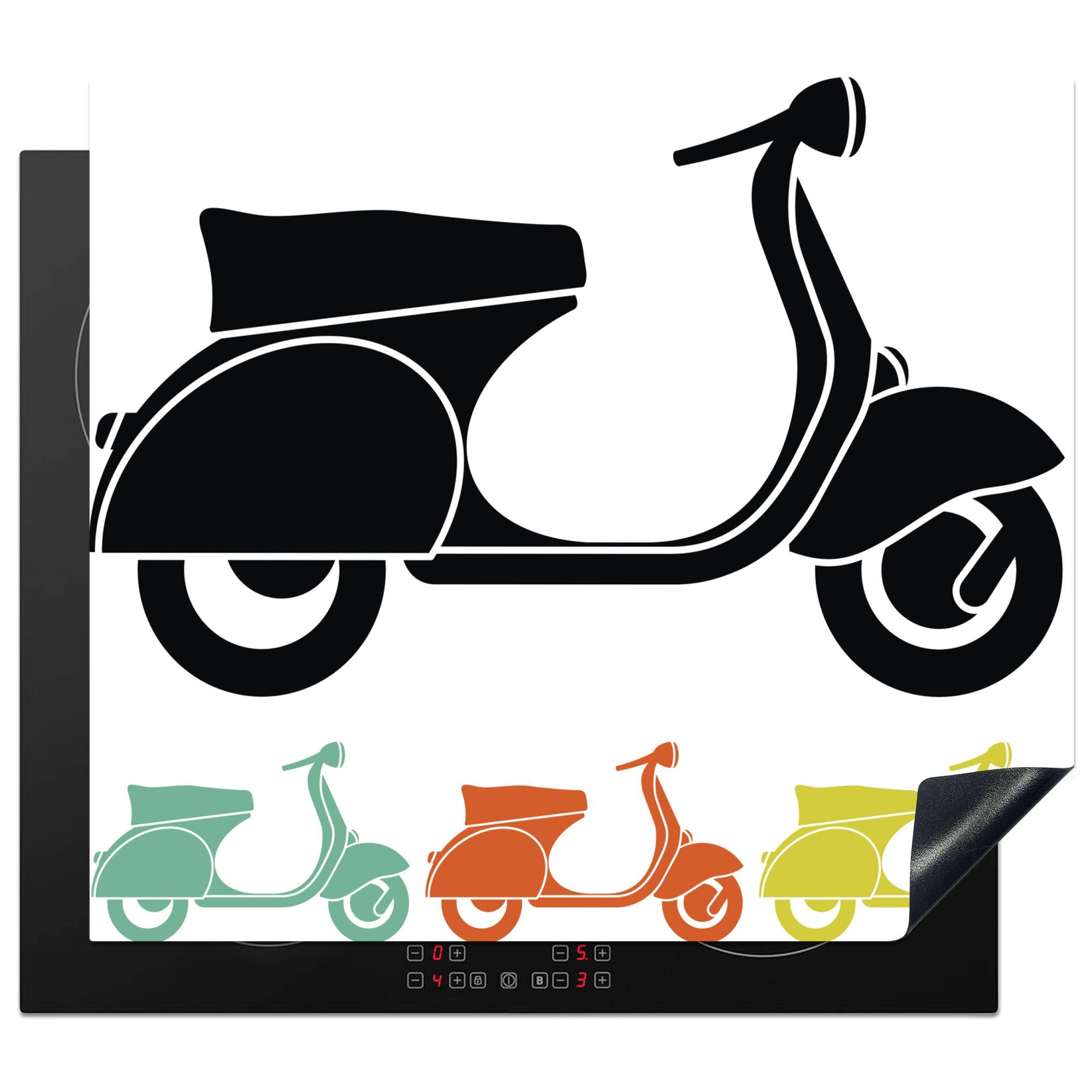 Motorrollers, eines 60x52 farbigen von Illustration MuchoWow Herdblende-/Abdeckplatte Vinyl, cm, Silhouetten (1 Arbeitsfläche Ceranfeldabdeckung tlg), nutzbar, Mobile