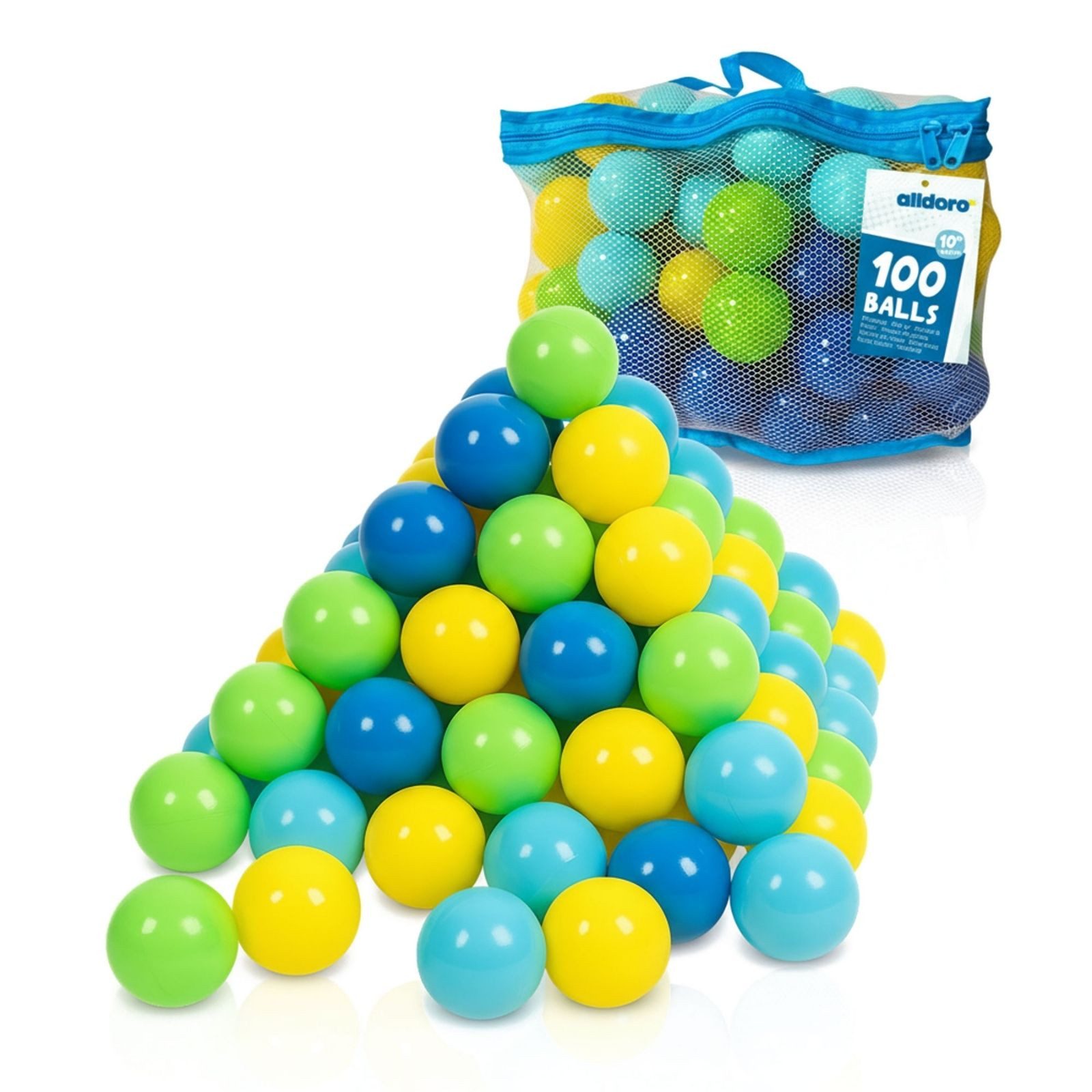 alldoro Bällebad-Bälle 100 bunte Bälle Ø 6 cm mit Tragetasche für Bällebad, Spielzelt & Pool, Spielbälle aus ungiftigem PE-Kunststoff, in Grün, Gelb, Blau & Türkis